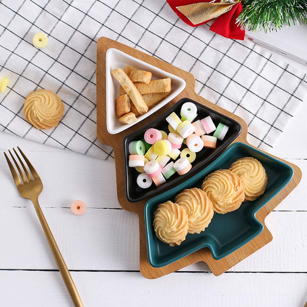 Piatto da portata in ceramica natalizia rimovibile for albero di Natale, snack, vassoio for antipasti, piatto da dessert, piatto in porcellana con base in bambù, for vacanze, matrimoni, feste in casa,