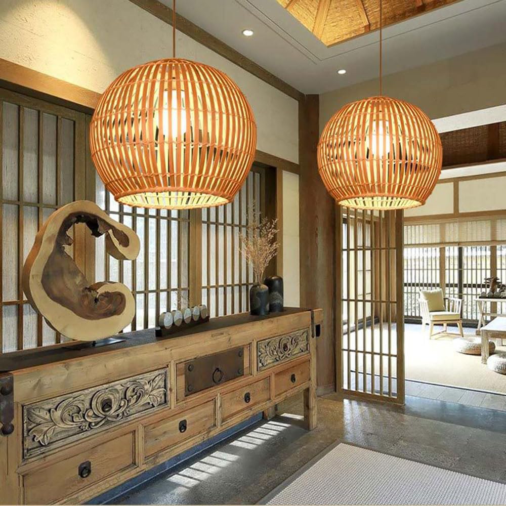 1-Licht-rustikale Rattan-Pendelleuchte, Bauernhaus-Bambus-Pendelleuchte, 11,8" Boho handgefertigte gewebte Weidenkorb-Hänge-Deckenlampe für Esszimmer, Kücheninsel, Wohnzimmer, Schlafzimmer
