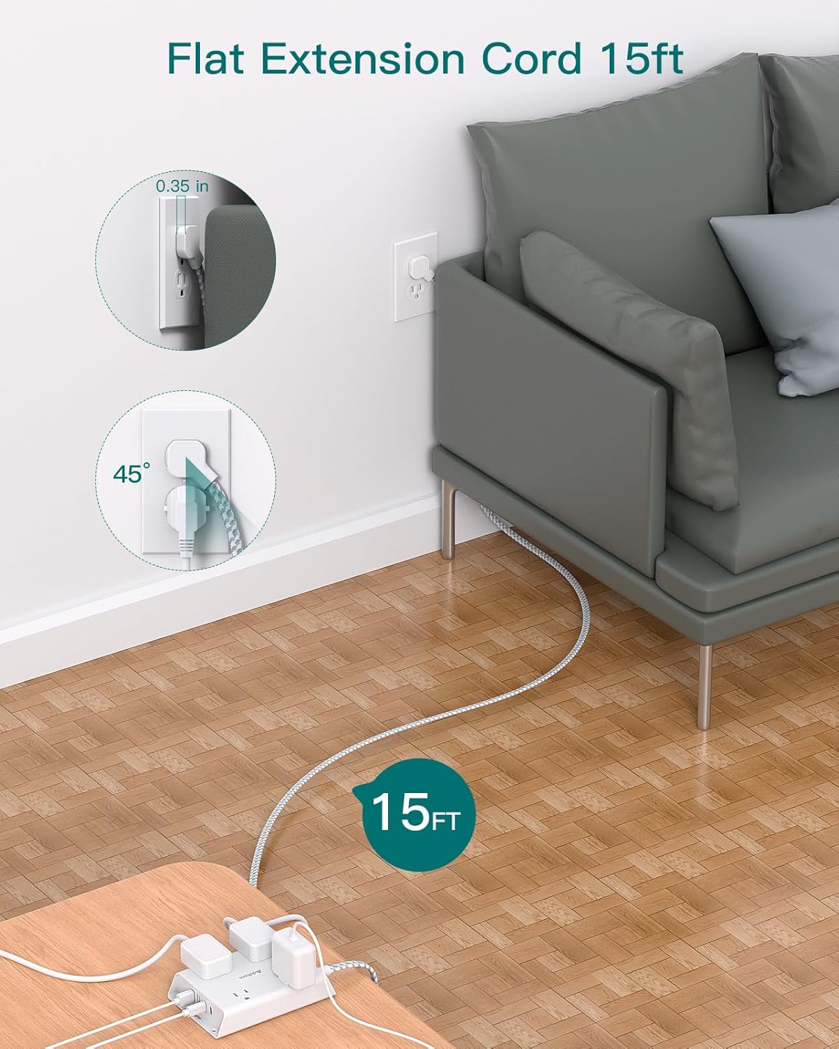 Surge Protector Power Strip 15 ft, Addtam Flat Plug Extension Cord with 4 USB Wall Charger(2 USB C Port), 4 Widely Outlets Desk Charging Station, Home Office and College Dorm Room Essentials