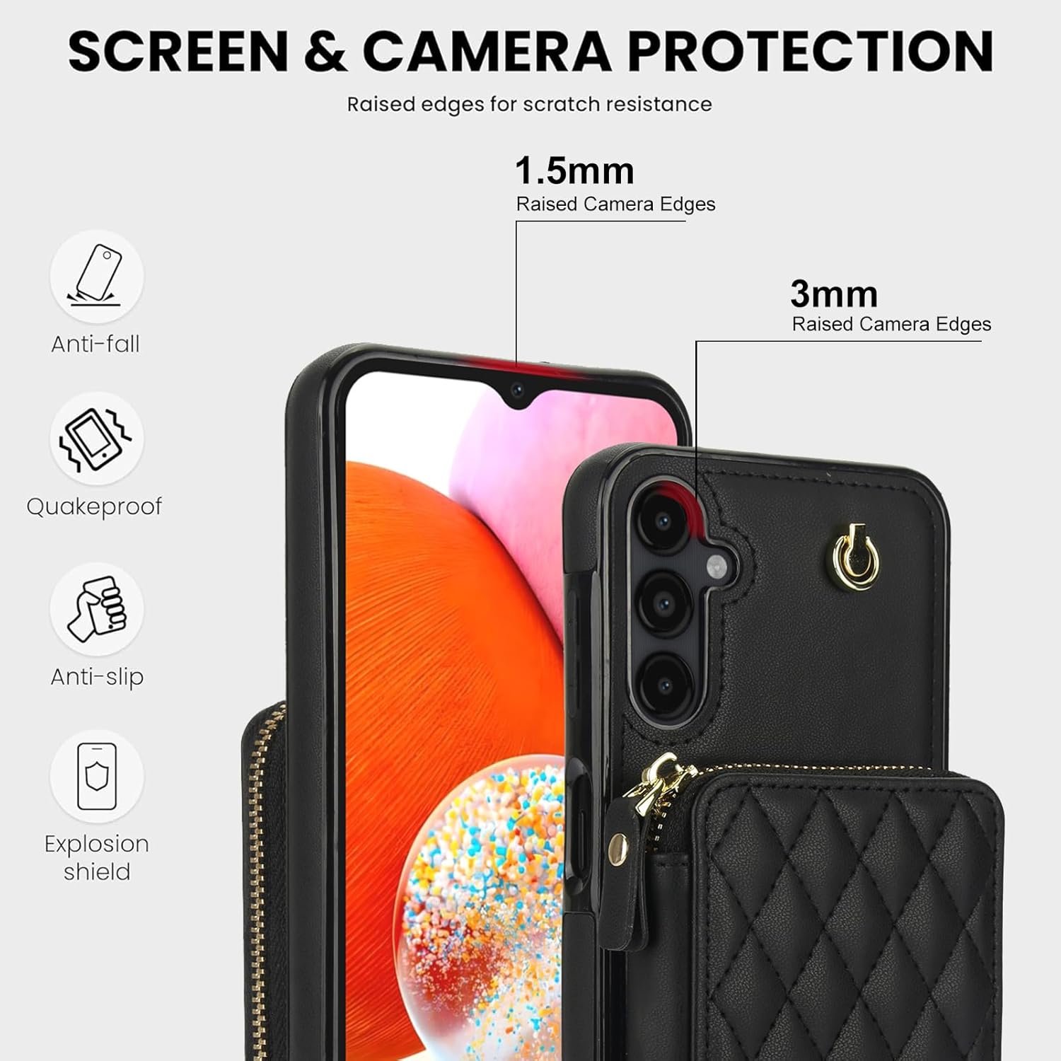 Phone Case for Samsung Galaxy A15 5G/4G Wallet Cell Cover with Tempered Glass Screen Protector Wrist Crossbody Strap Lanyard Stand RFID Blocking Credit Card Holder Slot A 15 G5 15A Women Girls Black
