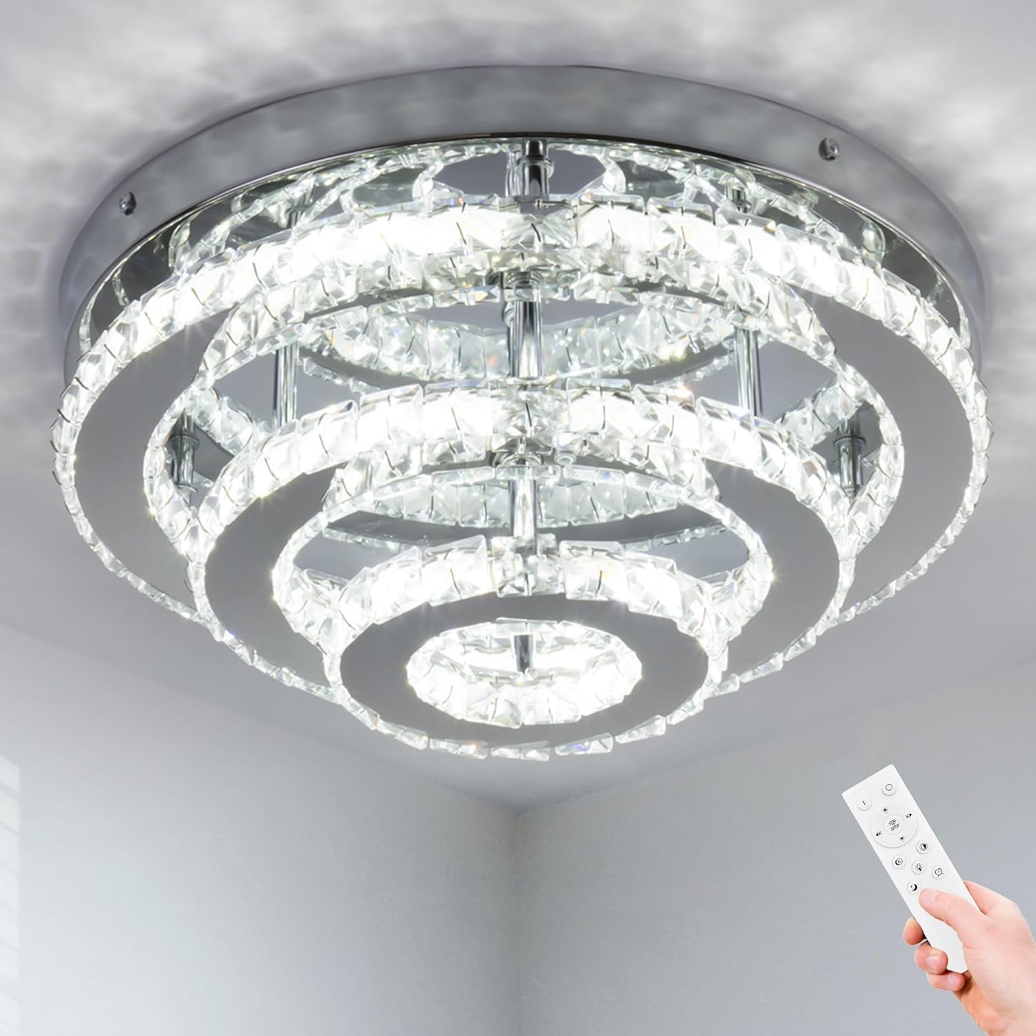 YPQXYHDA 13.8 Inch Modern Crystal LED Chandelier Triple Layered Round Flush Mount Ceiling Light Energy Saving Indoor Lighting for Living Room Bedroom Kitchen (Dimmable with Remote)