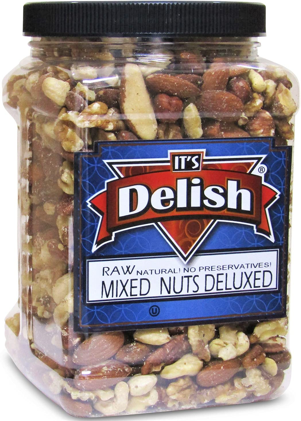 Deluxe Raw Mixed Nuts with No Peanuts by Its Delish, Bulk 2 lbs Jumbo Reusable Container – Premium Raw Unsalted Nut Mix Without Peanuts – Great for Parties, Snacking and Salads - Keto, Vegan, Kosher