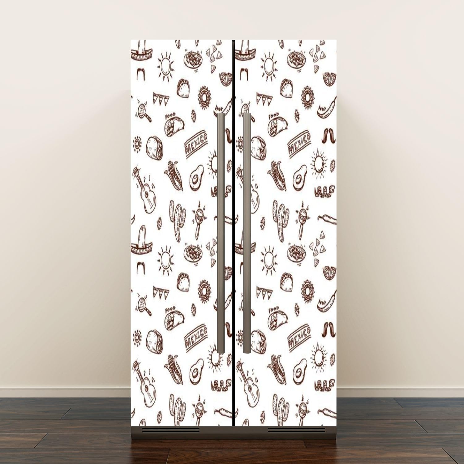 BSPWIRFNZPL Self Adhesive Vinyl Refrigerator Wrap Set Mexican Seamless Hand Drawn Pattern Door Mural Removable Fridge Sticker Peel and Stick Decal Rustic Kitchen Decor, Style 3