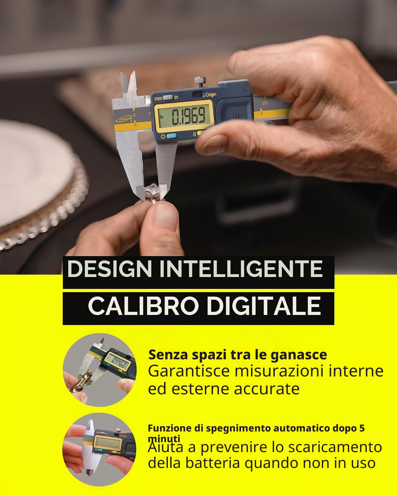 iGAGING Absolute Origin - Calibro digitale 0-6", acciaio inossidabile IP54, porta di uscita SPC/USB, lettura frazioni, base profonda, custodia, manuale, batteria