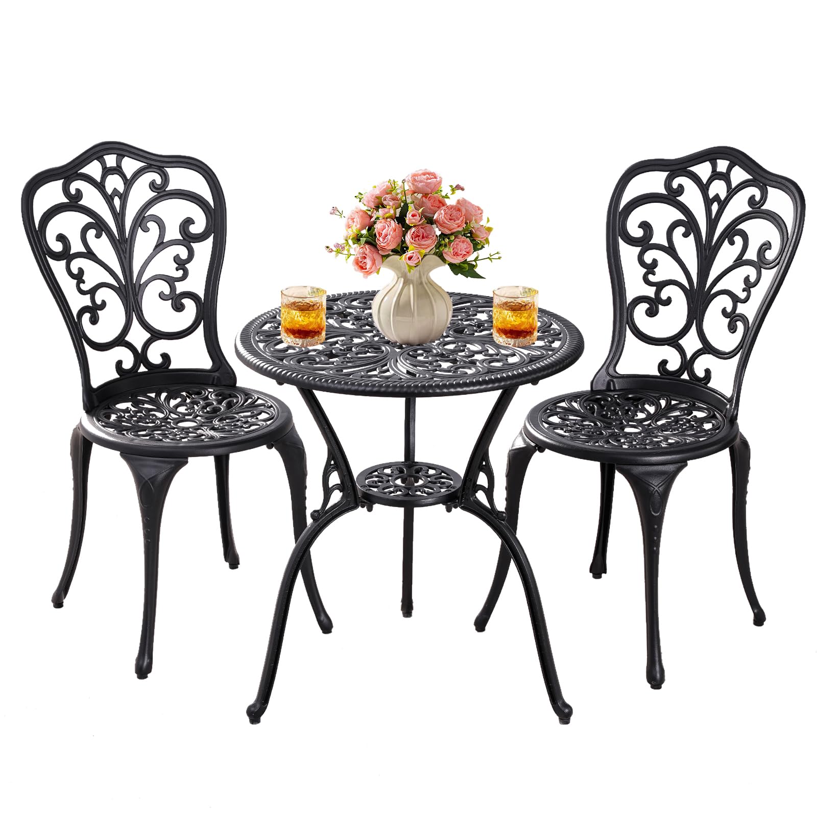 Withniture butterfly black cast aluminum bistro set with round table and two chairs