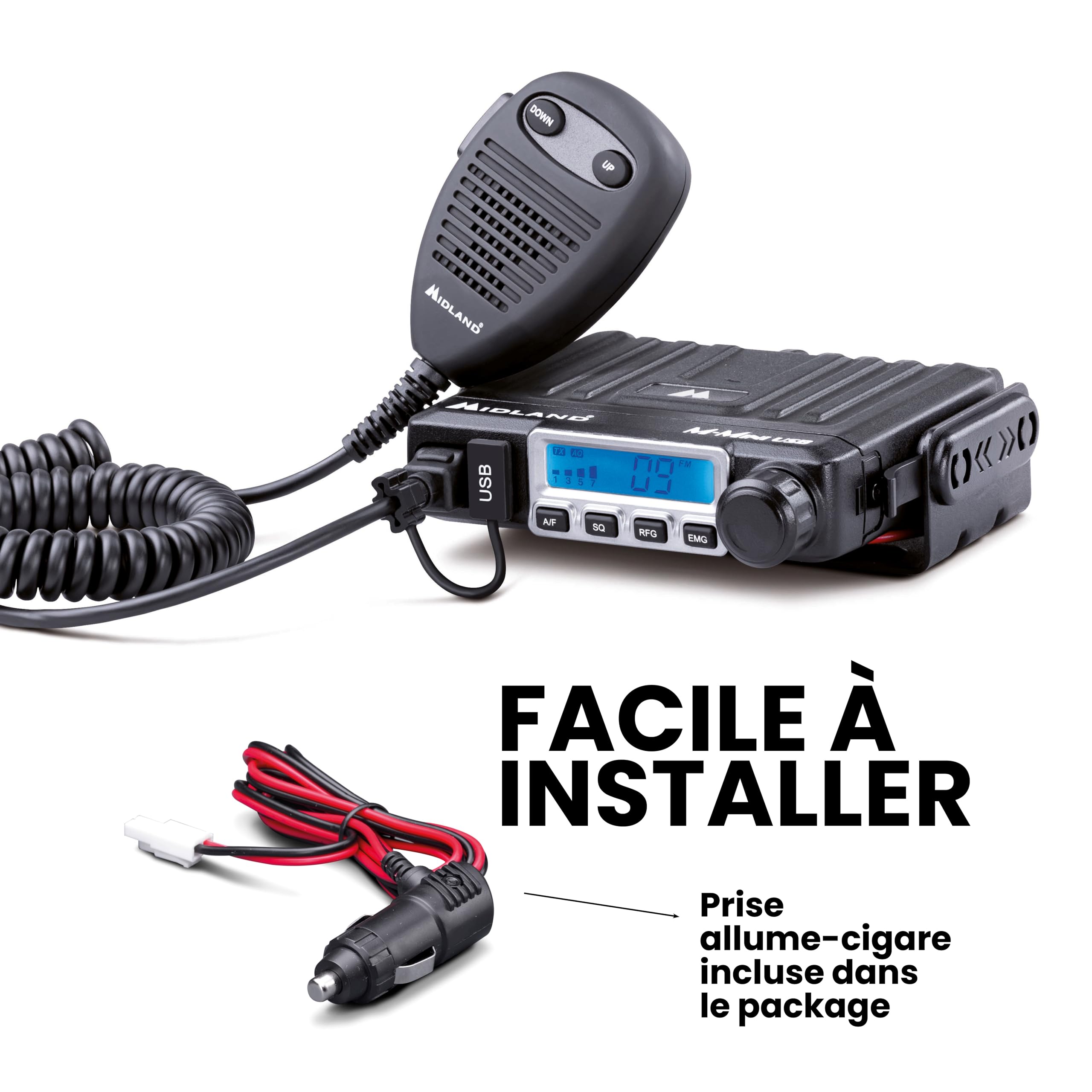 Midland - Radio CB M-MINI USB no Licence, Multibande EU 40 Canaux AM/FM, Radio Récepteur Émetteur Professionnel Écran LCD S-Meter, 2 Modes Squelch, Charge Rapide avec USB Enceinte Haut Parleur Externe