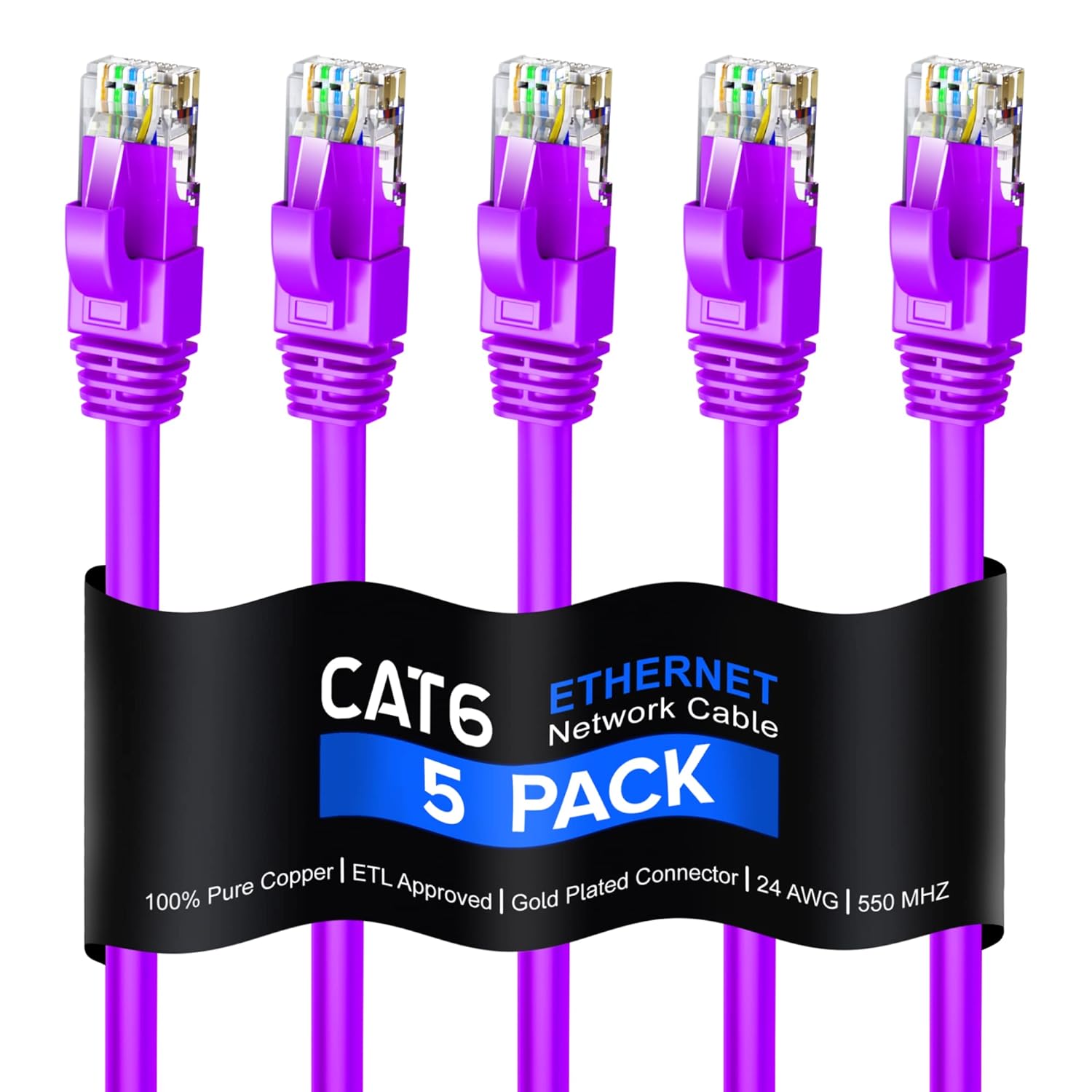 Maximm Cat 6 Ethernet Cable 25 Ft, 100% Pure Copper, Cat6 Cable (5 Pack) LAN Cable, Internet Cable, Patch Cable and Network Cable - UTP (Purple) 25 Feet