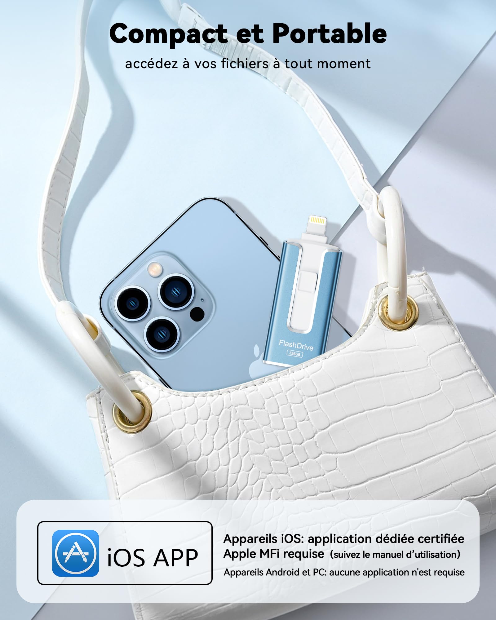 SUDEHO Clé USB iPhone MFI Certifié 256 Go 4 en 1 USB C Photo Stick Mémoire Externe Bleu