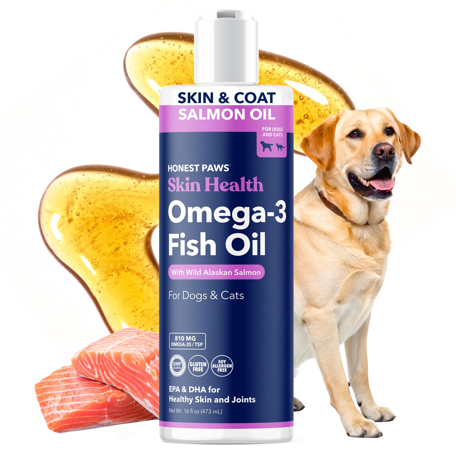 Honest Paws Fish Oil for Dogs - Omega 3 Wild Alaskan Salmon Oil - Healthy Skin, Joints, Nutritional Support, Shiny Coat - Fatty Acid, Pollock Oil - Sustainably Sourced - 16 Oz