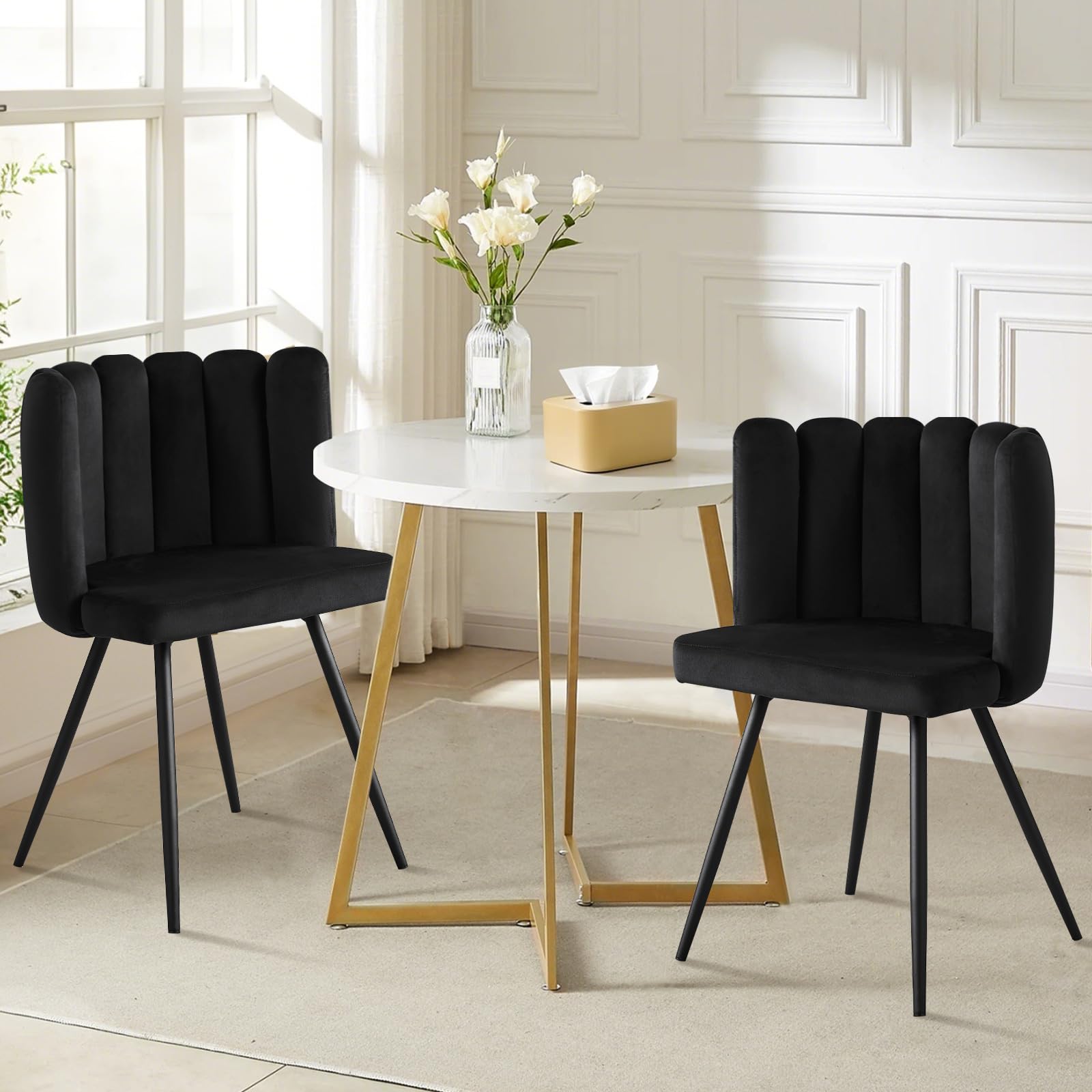 LEMROE Velvet Dining Chair with Petal Backrest Vanity Reception Chair with Black Metal Legs Padded Leisure for Dining Room Living Room Bedroom (2PCs, Black)