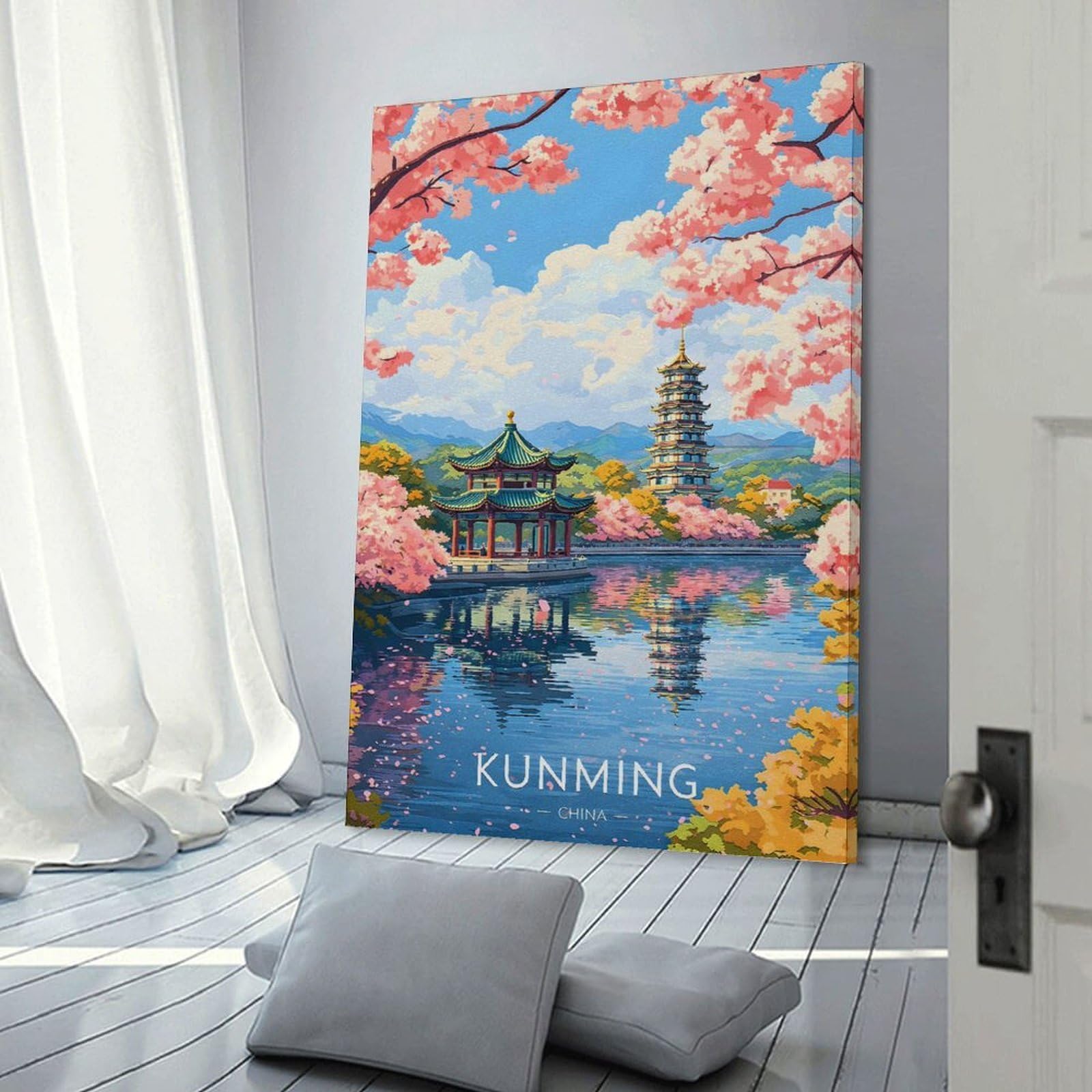Junmoney Frame-Style-6-1 Kunming China Cherry Blossom Scenery Home Decor Wall Art 24X36inch(60X90cm), For Lounge, Study, Hallway Or Flat Walls, Stylish Home Artwork For Focal Walls
