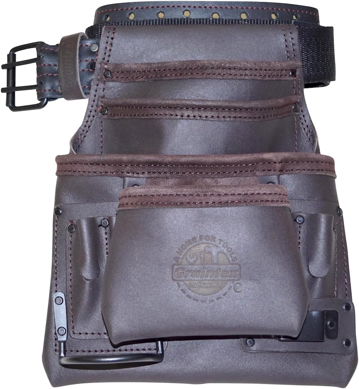 Graintex OS2221 10 Pocket Oil Tanned Leather Nail & Tool Pouch Dark Brown Color with 2” Belt for Constructor/Electrician/Plumber