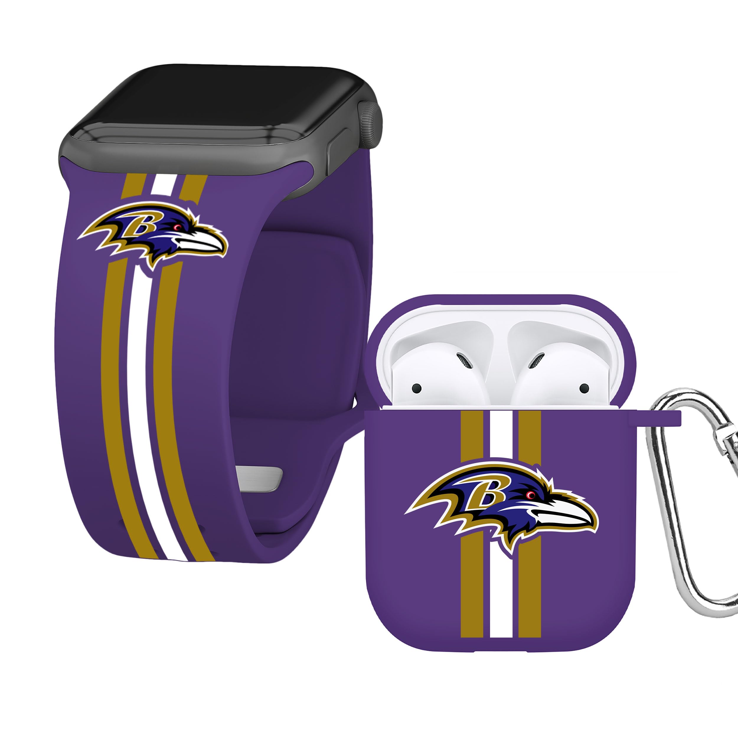 Game Time Baltimore Ravens HD Combo Package Compatible with Apple Watch and AirPods Gen 1&2 (42/44/45mm Long)