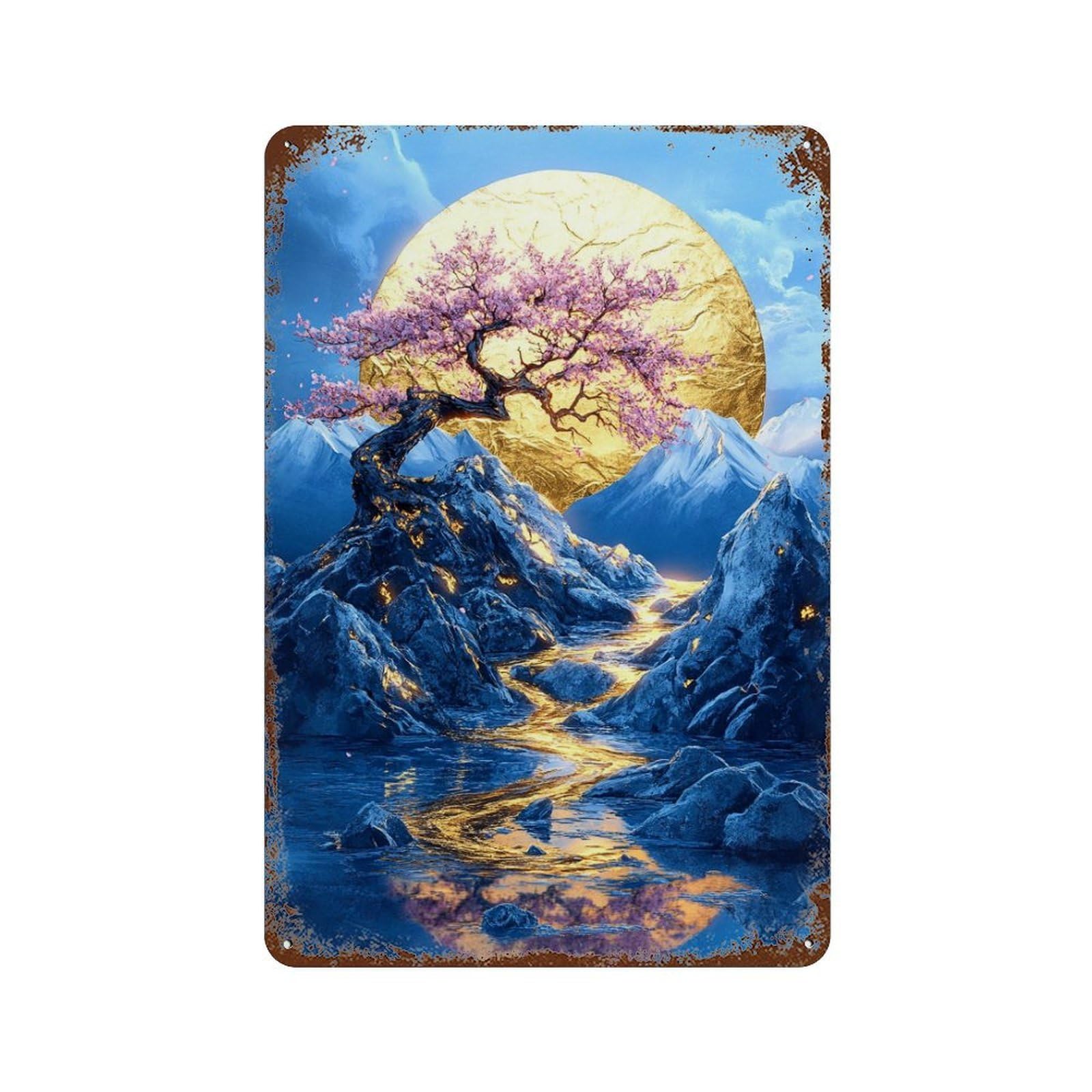 Golden Moonlit Blossom Landscape Distressed Metal Wall Sign 11.8"x7.9", for Garage, Bar And Workshop Decor, Decorative Metal Wall Art