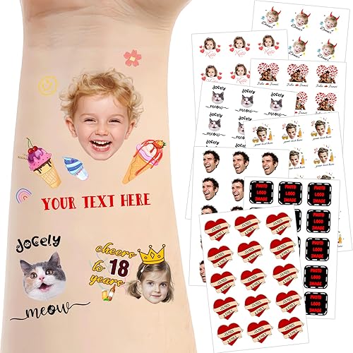 Tatuajes temporales personalizados para la cara, tatuajes faciales personalizados con nombre de foto, logotipo, texto, calcomanía de tatuaje falsa