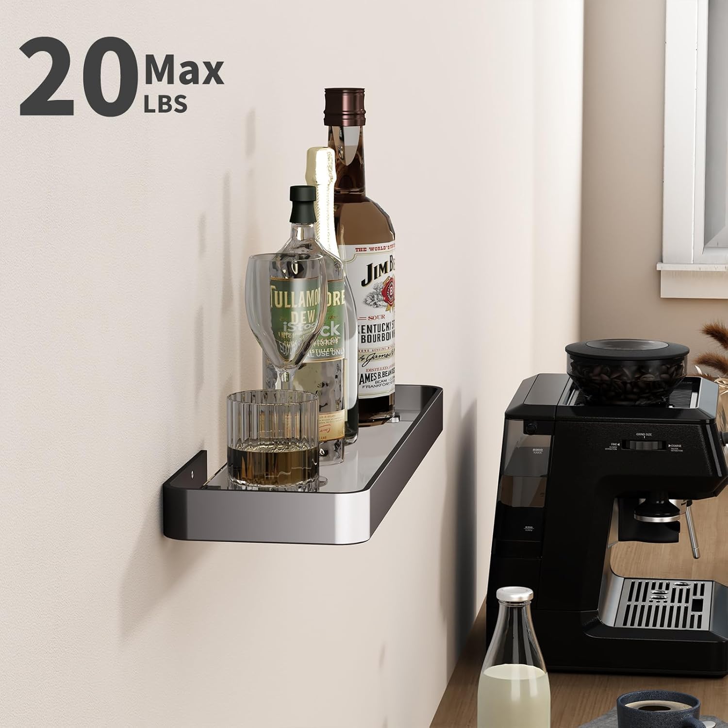 Danpoo 16-Inch Wall Shelf, Clear Tempered Glass with Matte Black Aluminum Frame – Sleek Floating Bathroom Organizer