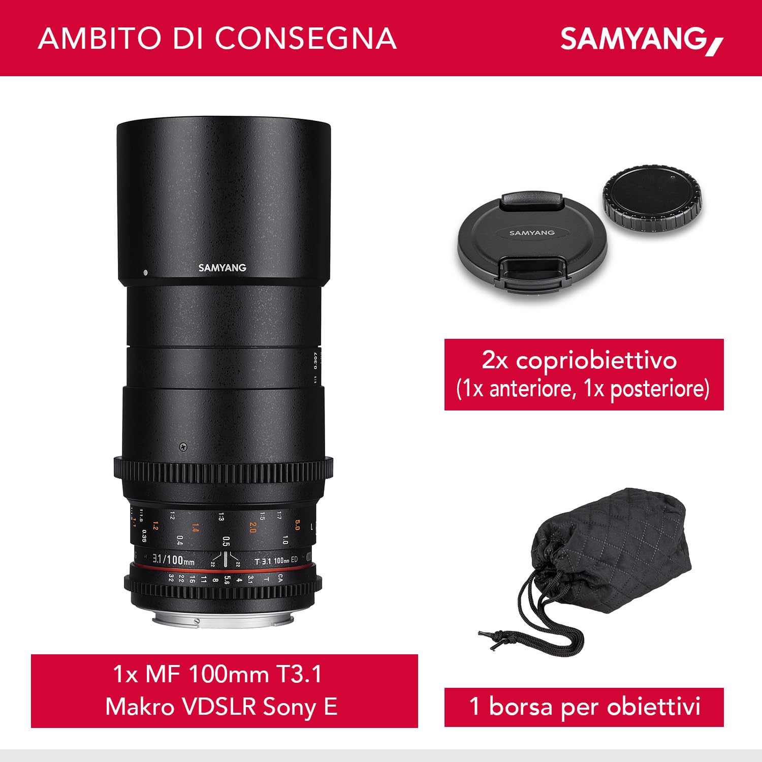 Samyang T3.1 VDSLR ED UMC Macro - Obiettivo Tele Macro 100 Mm Per Fotografia E Video, Per Reflex (Nero) - 3