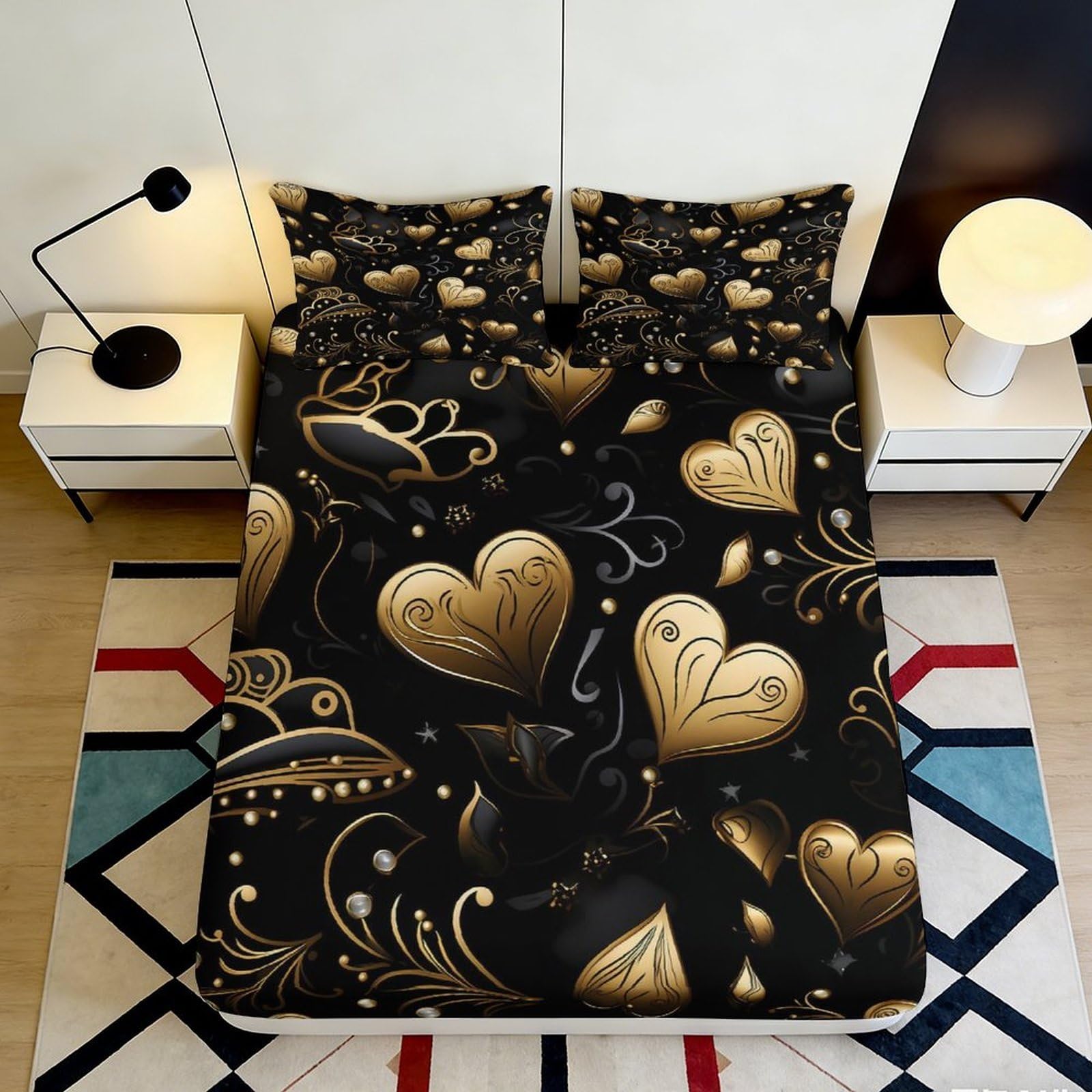 3D Printed Golden Heart Fitted Sheet Microfiber Bed Sheet with Elegant 3D Printed Floral Design Mattress Cover for Bedroom Dormitory Guest Room 140x200x25cm