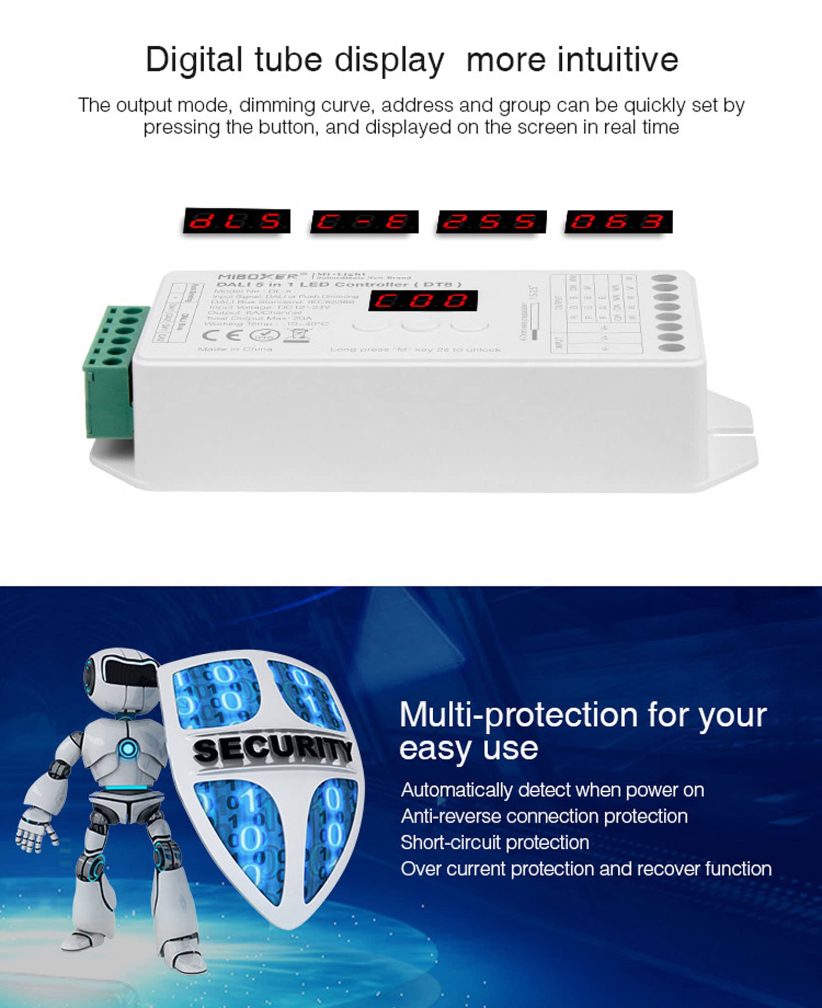 Controller 5 in 1 (DT8) DALI Signal or Push Dimming 12/24 V fino a 15 A, CCT, RGB, RGBW, RGB+CCT