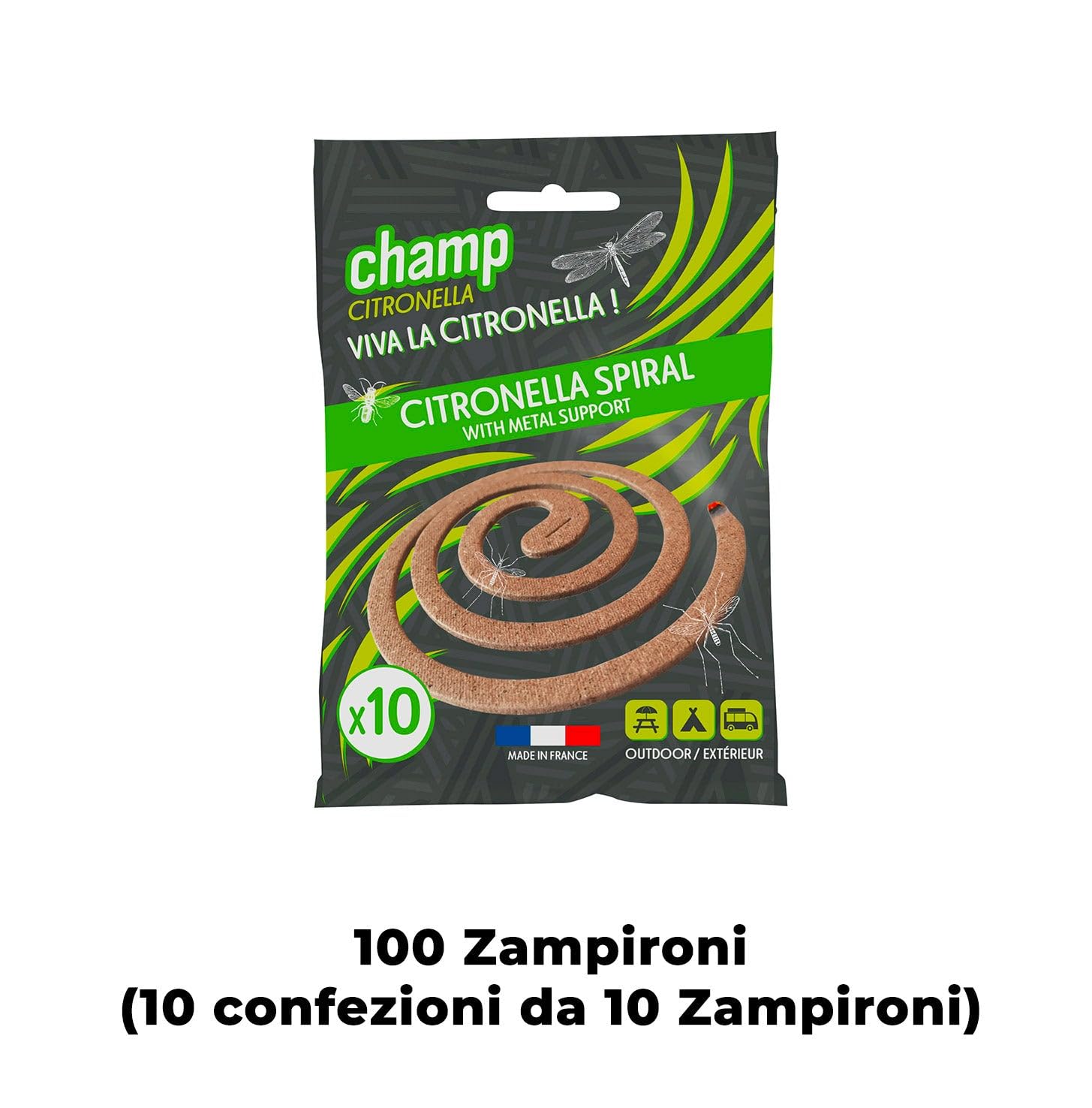 Set 100 Zampironi Antizanzare a Spirale in Critronella Bio con Supporto in Metallo