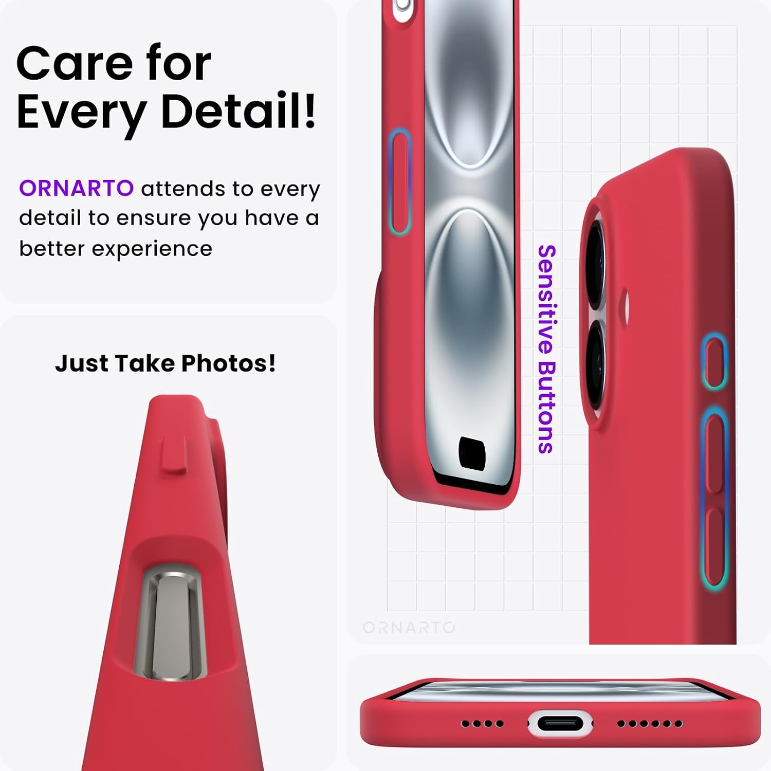 ORNARTO Compatible with iPhone 16 Plus Case 6.7, Slim Liquid Silicone 3 Layers Full Covered Soft Gel Rubber Phone Case Protective Cover 6.7 Inch, Red thumbnail