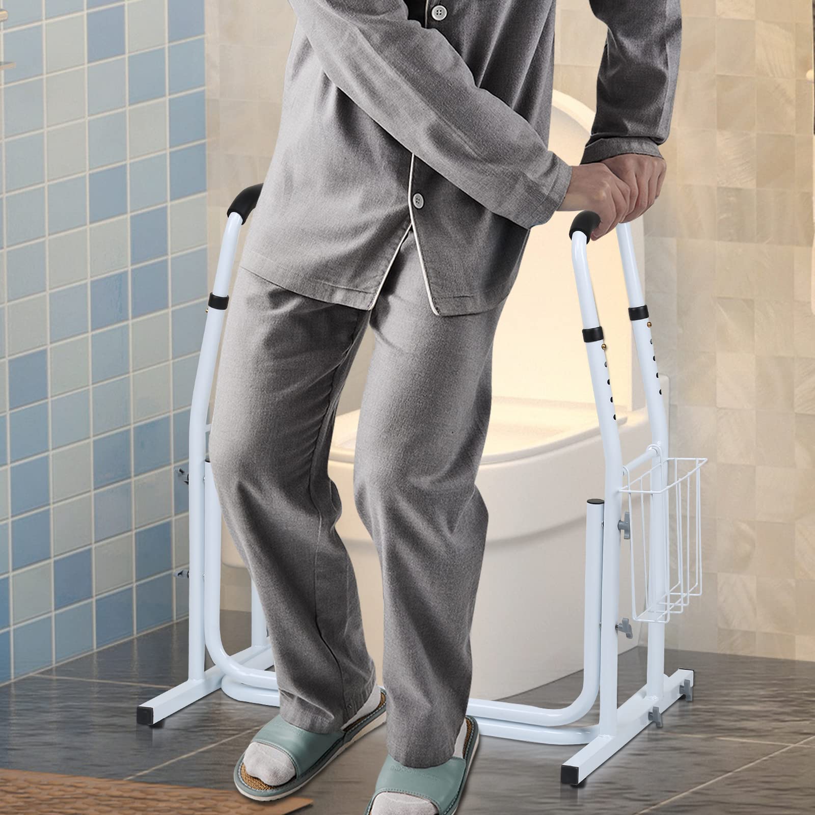 Supporto per WC mobile con cestino, supporto per WC regolabile in altezza, portata fino a 140 kg, supporto WC per anziani, disattivato, donne incinte