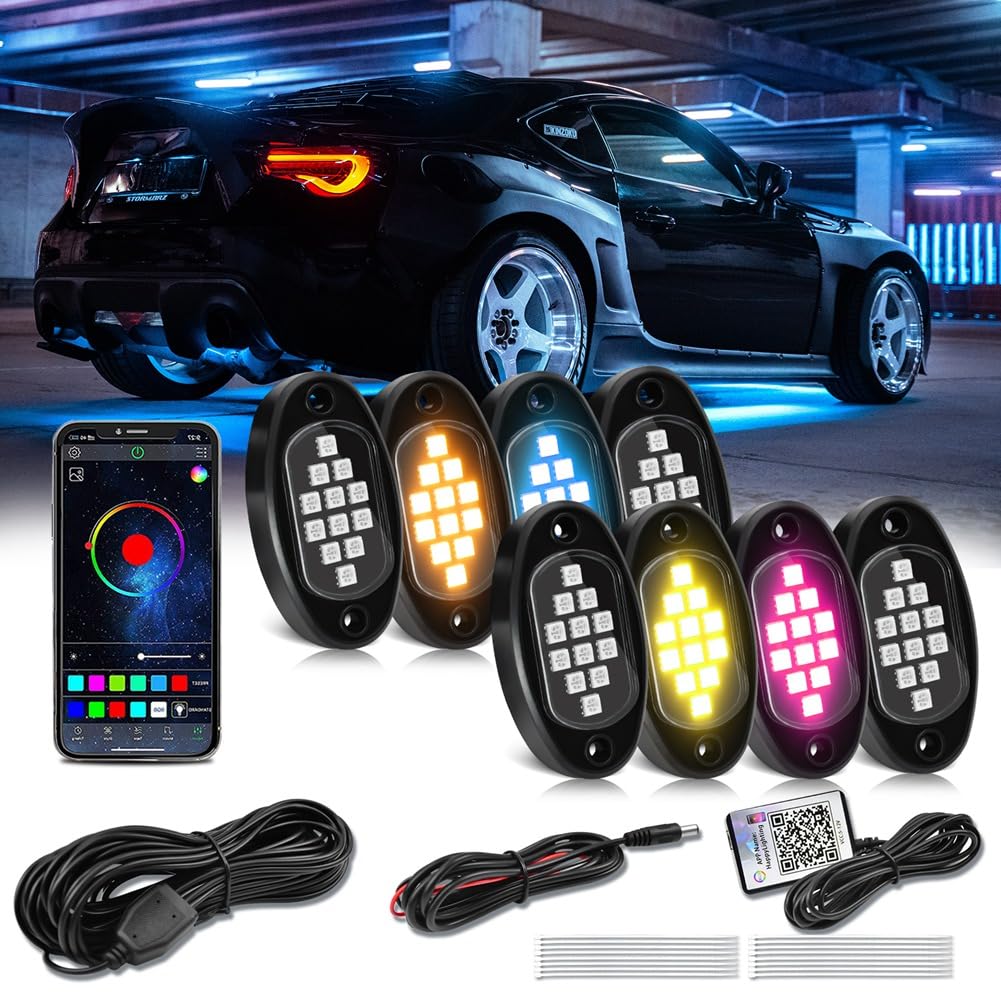RGB LED Rock Lights, wielofunkcyjne neonowe podświetlenie wodoodporne światło ze sterowaniem aplikacją, wielokolorowe światła do ATV, UTV, SUV, A