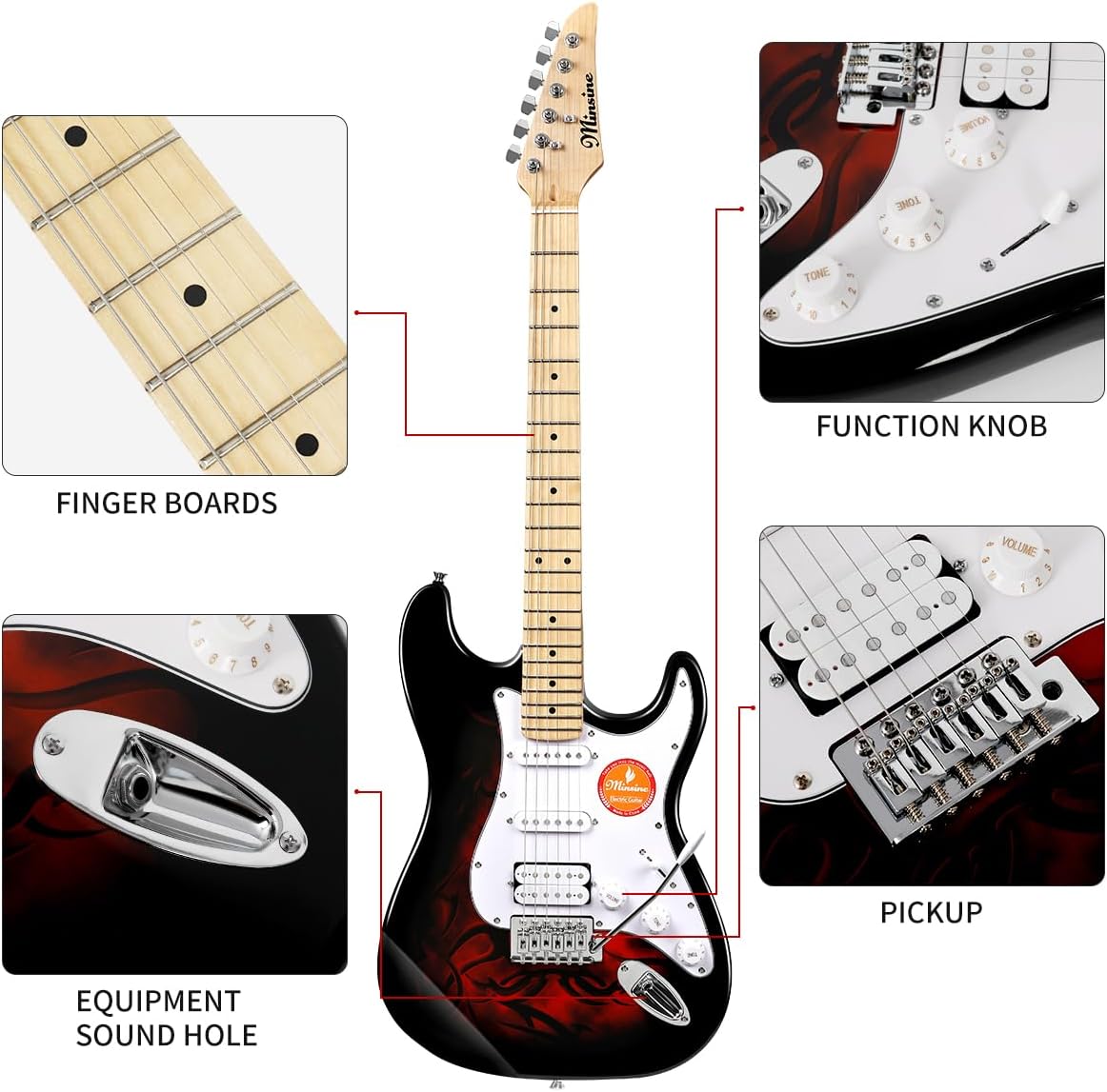 Electric Guitar Beginner Kits, 6 Strings 39 Inch Solid Body Guitarra Electricar Set for Adults With Gig Bag, Strap, Tremolo Arm, Cable & Picks MS100 (Flame Red)