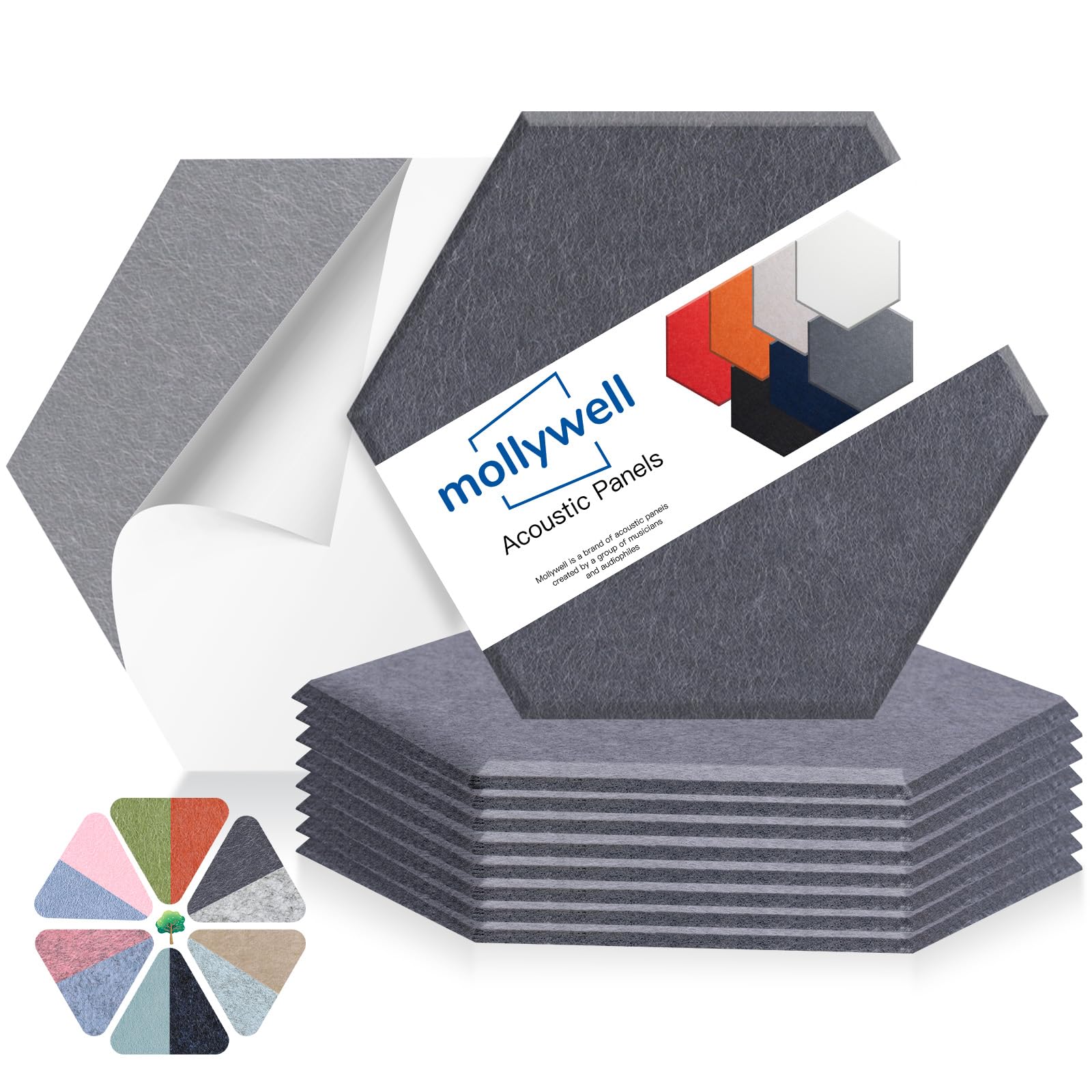 Mollywell Hexagon Acoustic Panels, High Density, Soundproofing, Decorative Noise Reduction Felt Wall Tiles for Ceilings, Home Office & Gaming Room (Moon Gray), 14×12×0.4 Inch 8 Pack, Large, Beveled Edge A-Moon Gray