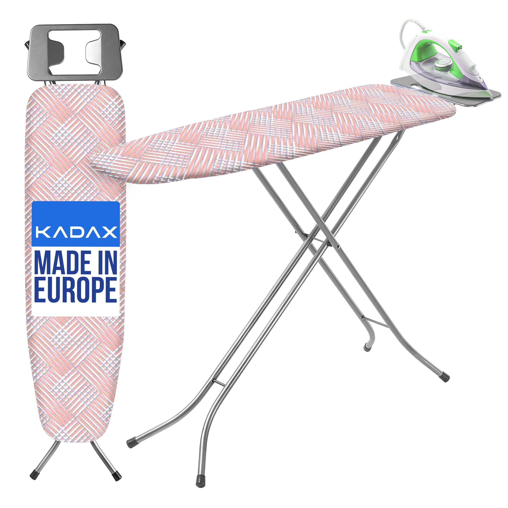 KADAX Table à Repasser 110x30 cm - Rose Saumon - pour Repasser Les Chemises en Petit Espace - Hauteur réglable avec Repose-Fer résistant à la Chaleur et Surface 3 Couches Anti-Vapeur