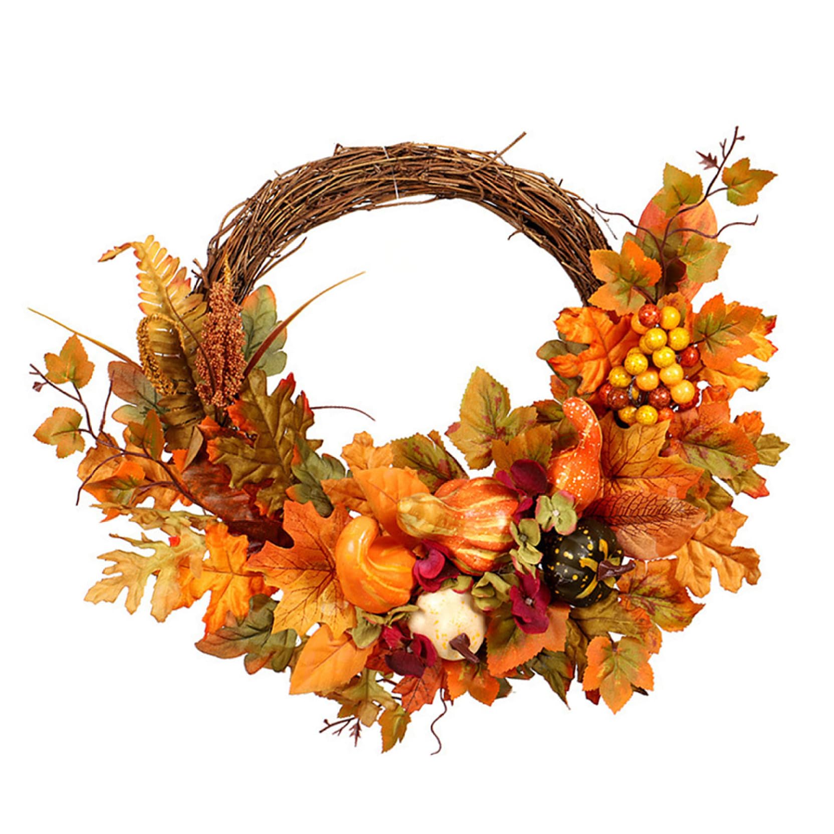 Halloween Decorations, Halloween Autumn Simulation Wreath 17.72 Inch Lifelike Waterproof Artificial Door Hanging Lightweight Pumpkin Maple Leaf Wreath Rattan Home Decoration for Outdoor Indoor