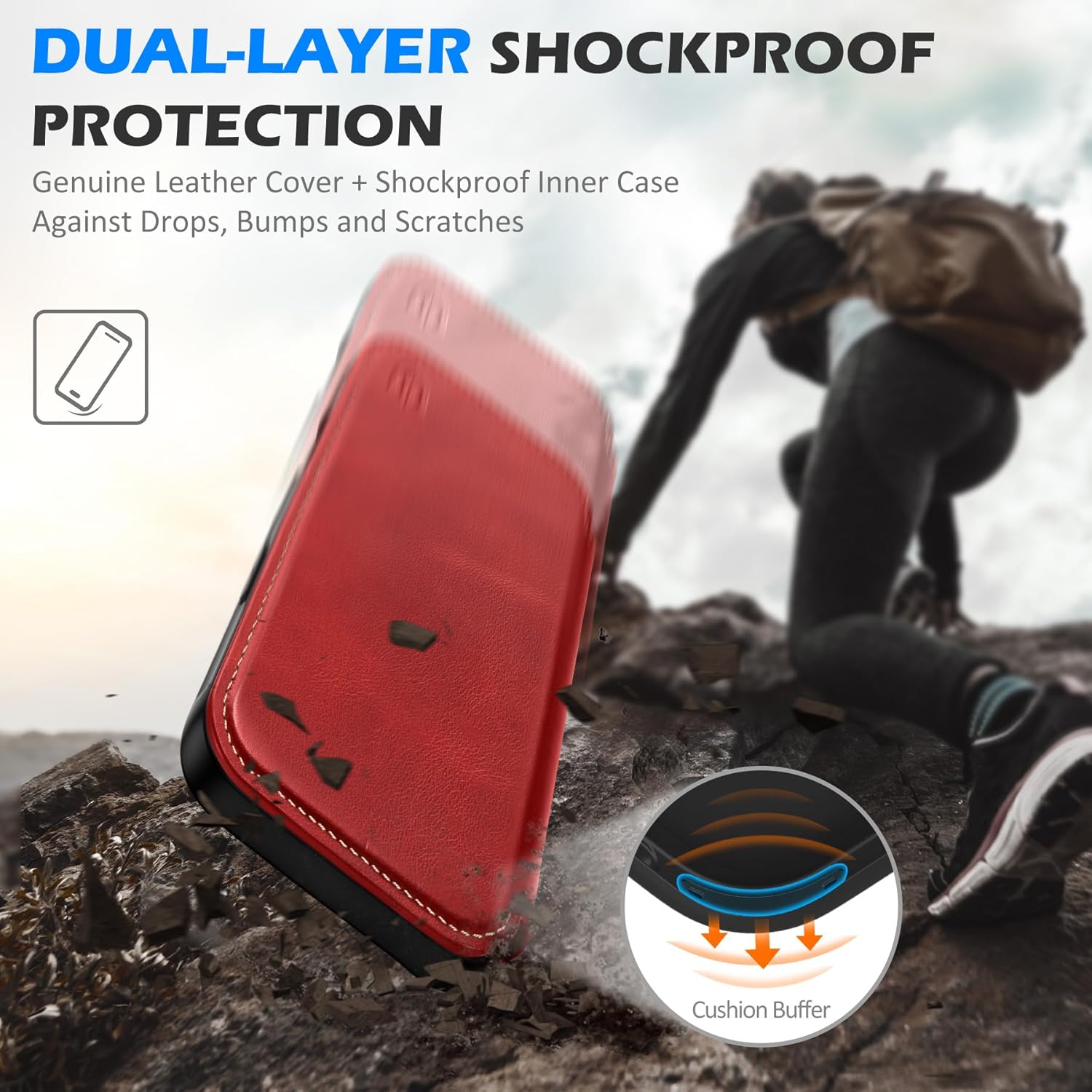 SHIELDON Genuine Leather Slim Wallet Case for iPhone 17 Pro Max 6.9-inch 2025 | Folio | Magnetic Closure | Wireless Charging | RFID Blocking Card Slot | Shock-Absorbent Phone Cover | Retro Red - Image 9