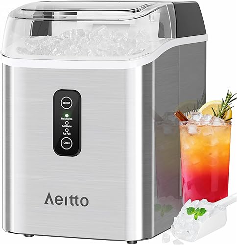 Aeitto Nugget Ice Maker Countertop, 42lbs/24H Ice Machine with 1.5L Water Tank, Rapid Ice Release in 6 Mins, Self-Cleaning Pebble Ice Maker with Basket and Scoop for Home Office RV and Party, Silver