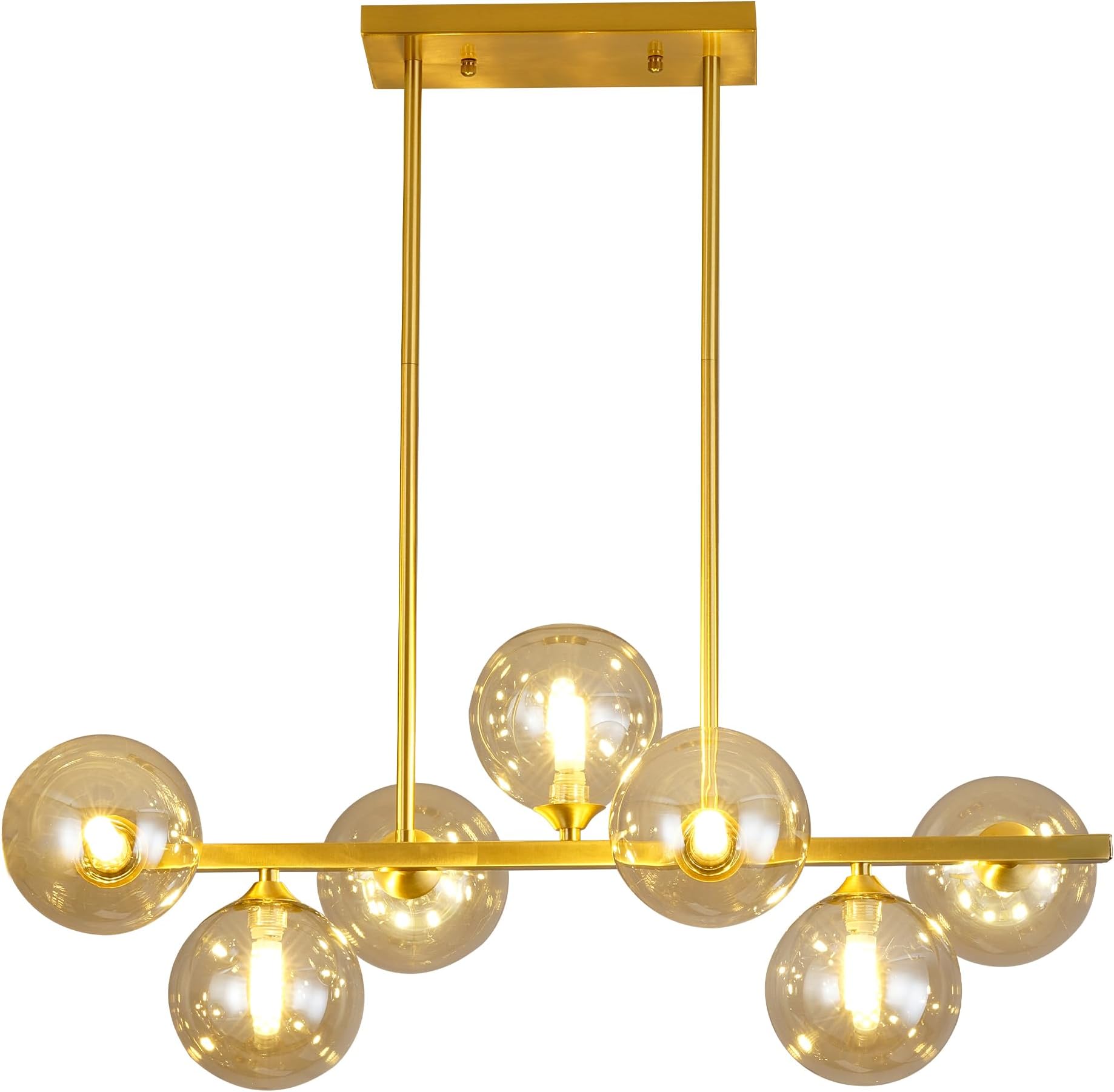 Dining Room Light Fixture Over Table, 7-Light Gold Kitchen Island Lighting with Amber Glass Globe, Adjustable Height Linear Chandelier Pendant Lighting for Dining Room Kitchen