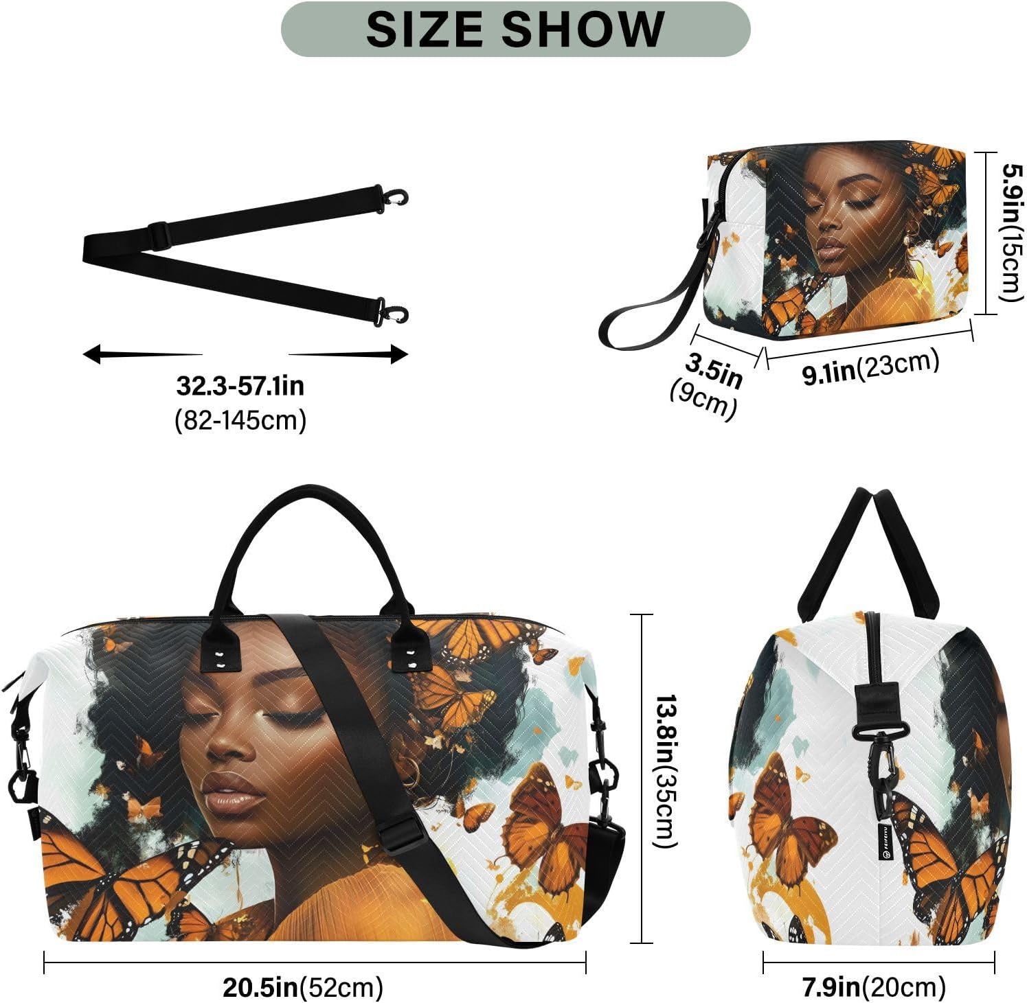Afro Woman Butterflies Travel Duffel Bag Gym Bag Sports Tote Bag with Multiple Interior Pockets Shoulder Weekender Bag for Women Men with Toiletry Bag 20.5”x 7.9”x 13.8”