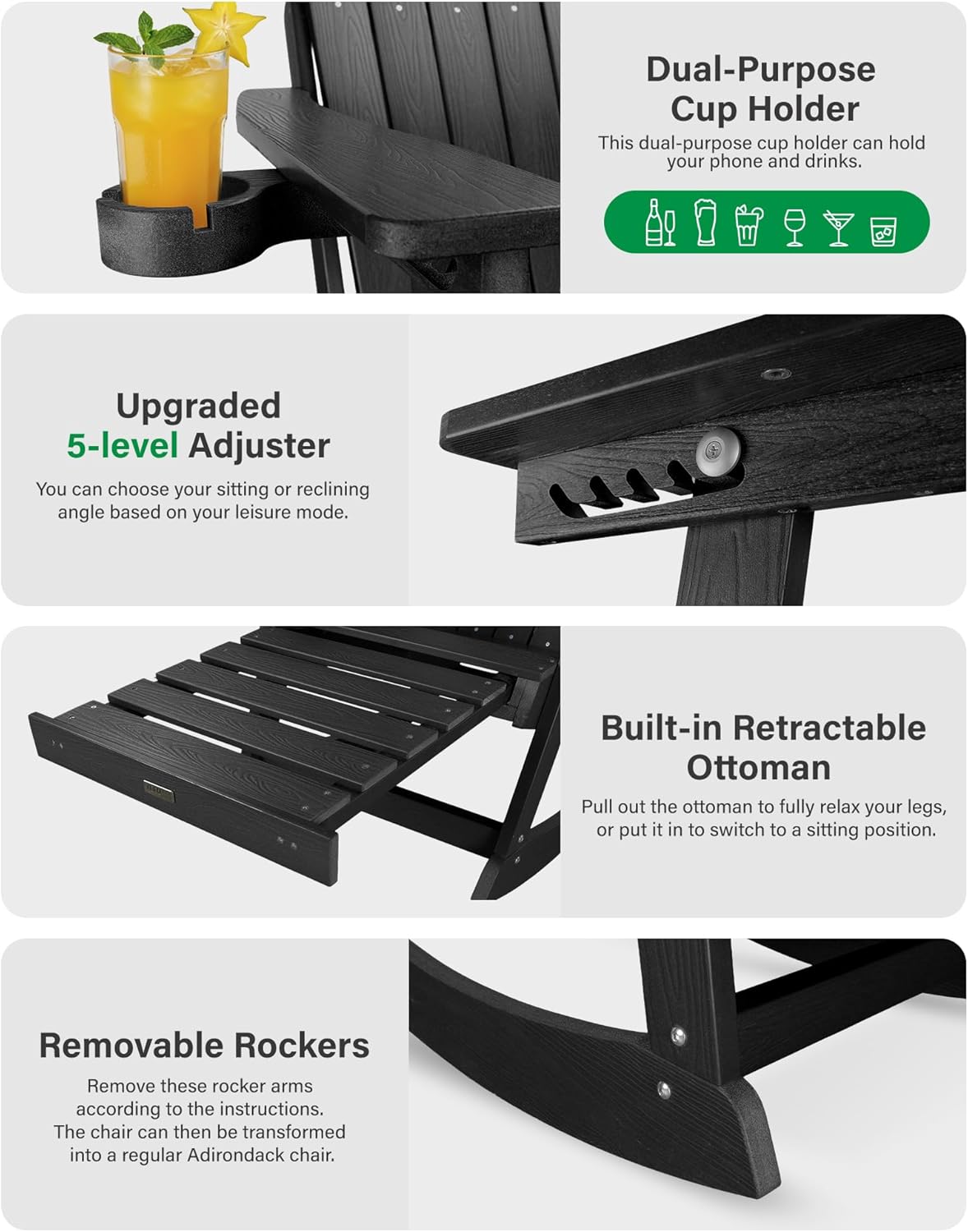 YEFU Adirondack Chairs with Retractable Ottoman: Oversize Adirondack Rocking Chairs - 5-Level Adjustable High Back - Outdoor Rocker with Cup Holder for Porch/Gardens/Lawn/Patio/Backyard/Black