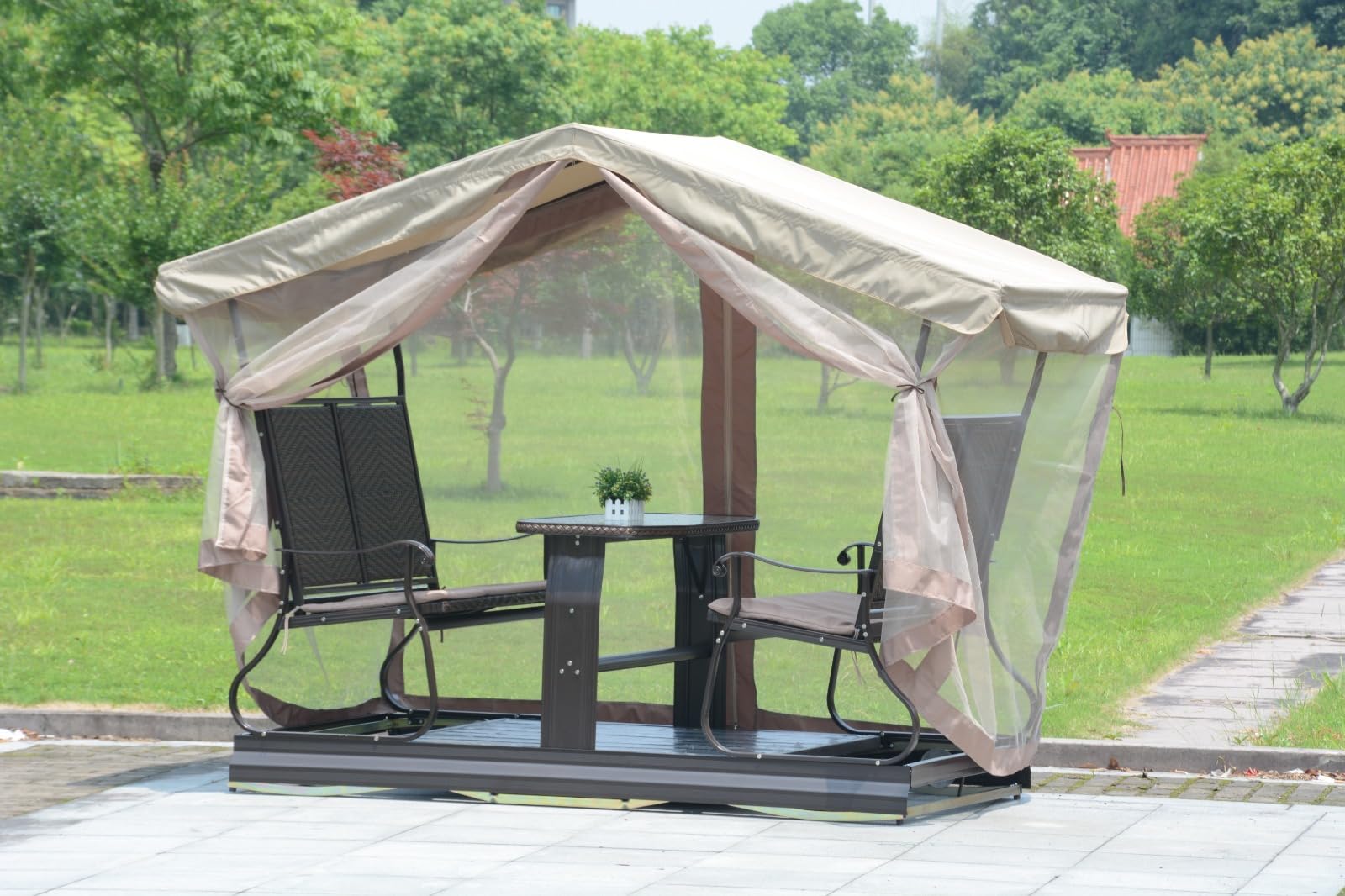 Invezo Garden Swing for Outdoor 3 Seater / 4 Seater Rocking Swing with Waterproof Canopy roof. Mesh Netting/Center Table - Heavy Duty Jhula for Terrace/Balcony/Adults (Khaki Color)-picture-10