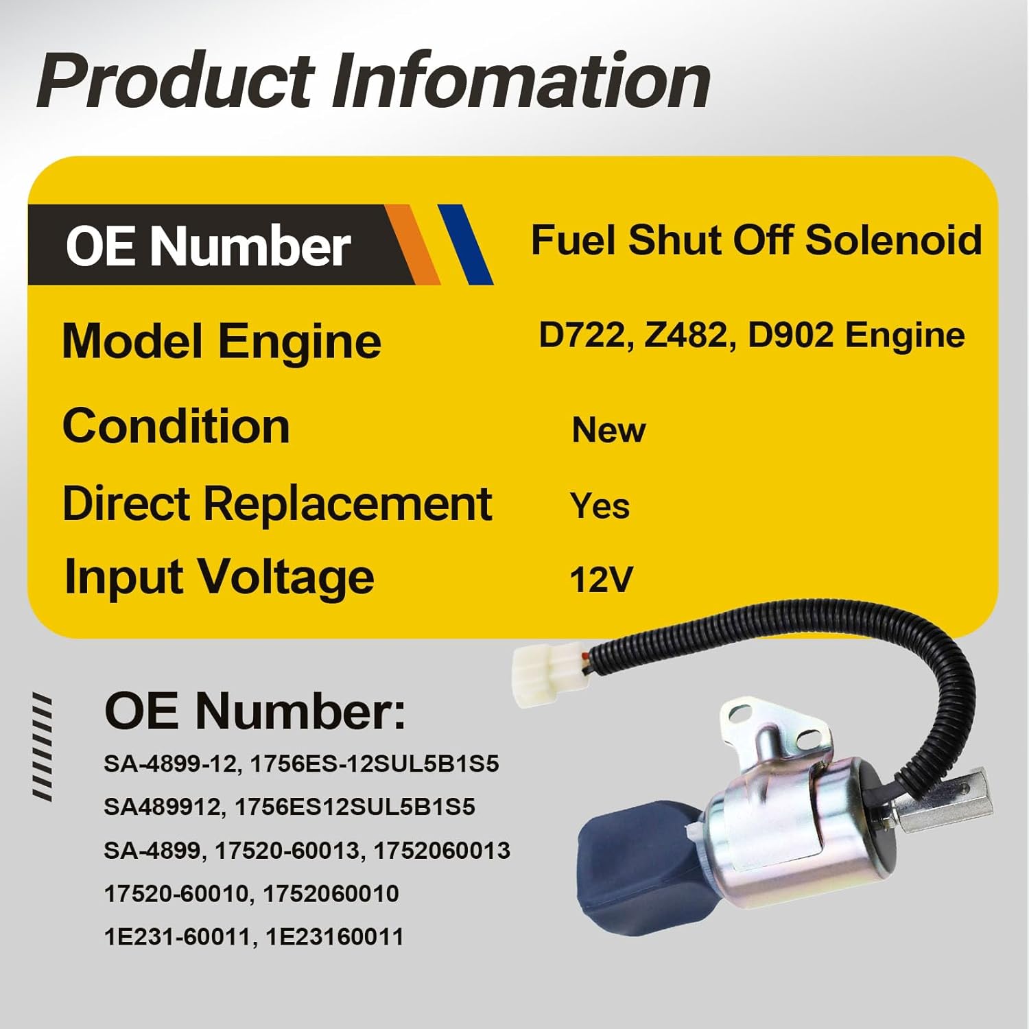 Fuel Shut Off Solenoid Valve Stop Solenoid 12V for Kubota Parts D722 Z482 D902 B1700D, B2100D, B2400D B7510D Engine Sapare for Pickup 4.3L Engine 1756ES-12SUC5B1S5 SA-5176-12 17520-60013
