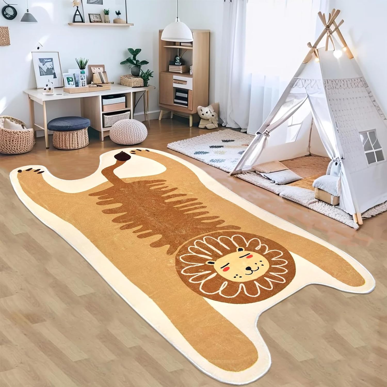 Lion Kids Rug 4x7Ft Soft Kids Play Mat for Boys Girls Bedroom, Lion Print, Jungle Animal Theme, Soft Washable Floor Mat for Playroom Nursery Classroom Living Room Decor, Brown