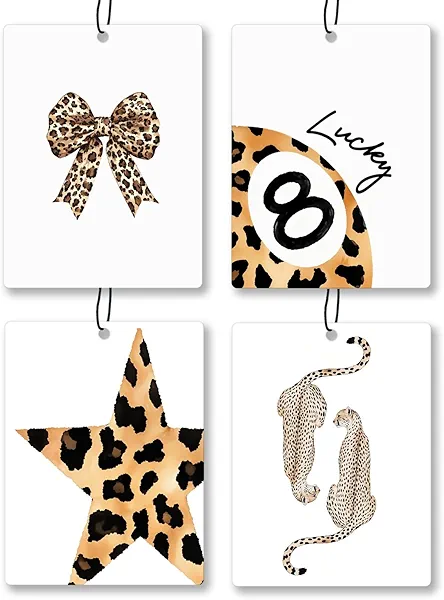 Exqcom Coquette Bow Leopard Car Air Freshener 4 Pcs, Trendy Lucky 8 Ball Star Cheetah Print Hanging Scents Air Freshener for Women Girls Gifts, Cute Scented Car Accessories Decor for Girls Room Dorm