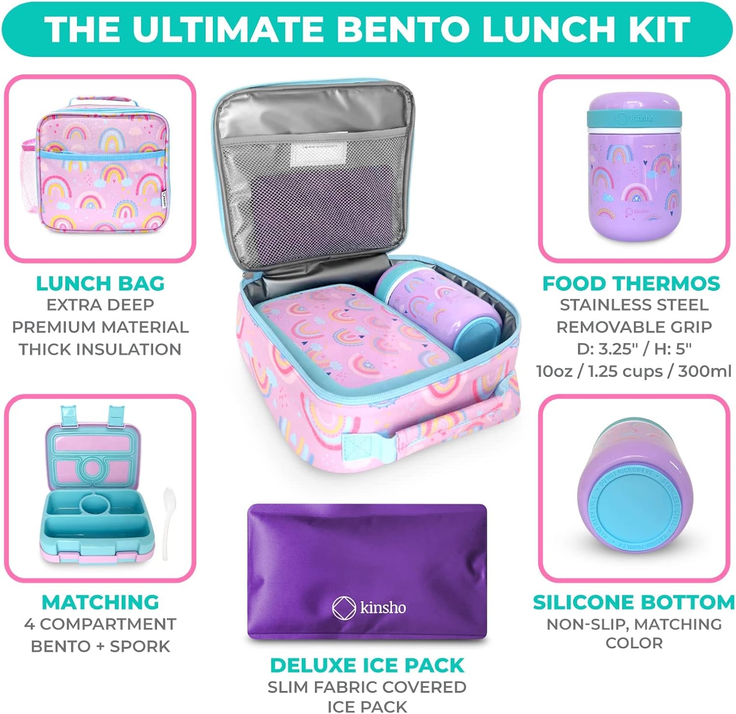 Bento Lunch Box with Thermo for Kids Set, Insulated Lunch Bag with Ice Pack, Stainless Steel Food Jar for Hot Soup, Boxes with 4 Compartments for Girls Toddler Snacks Lunches, Purple Rainbow