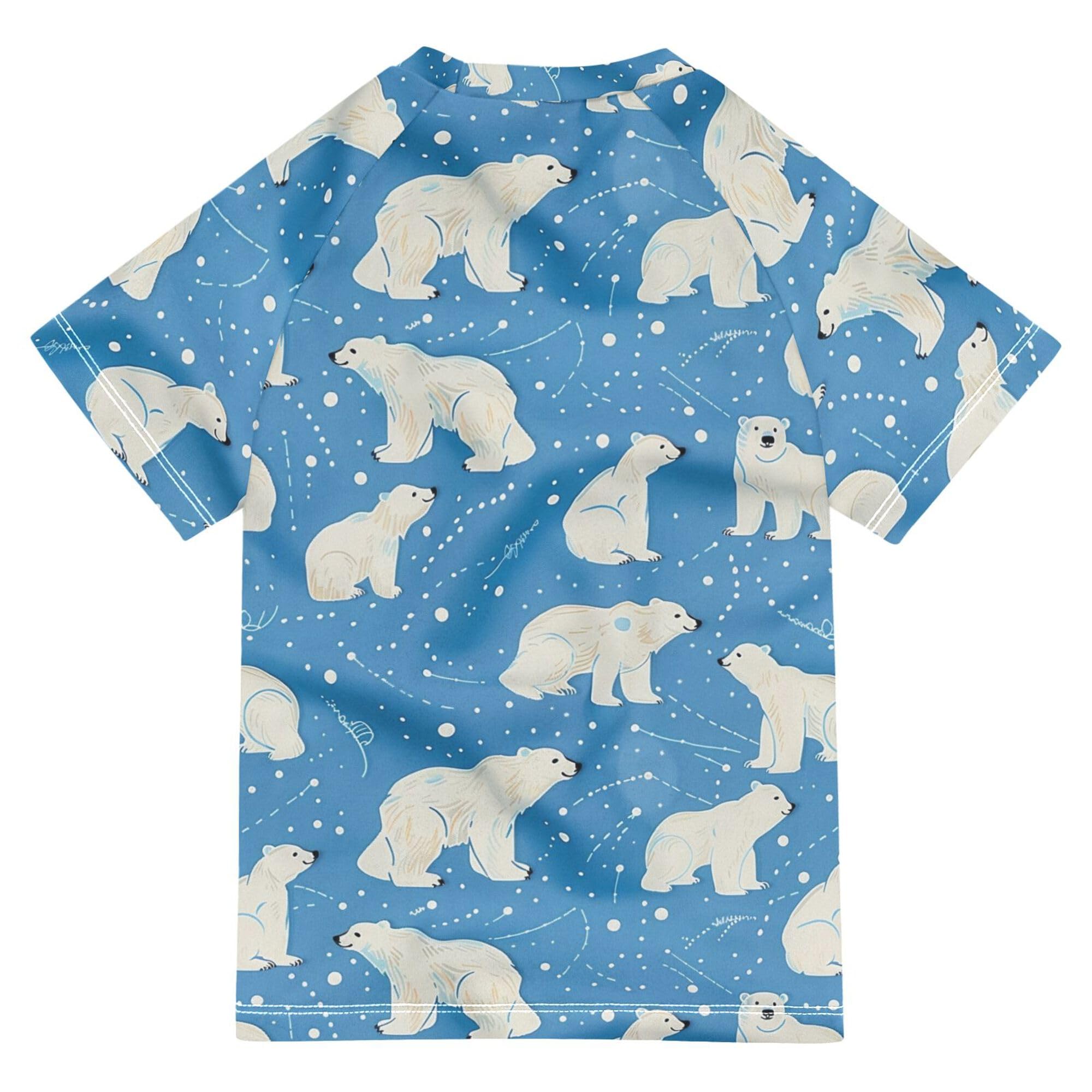 Wudan Cartoon Polar Bears Stars Blue Kids Bathing Suit UV Protection Rash Guard Girls Swimwears Active Shirts for Toddler Boy 9-10Y