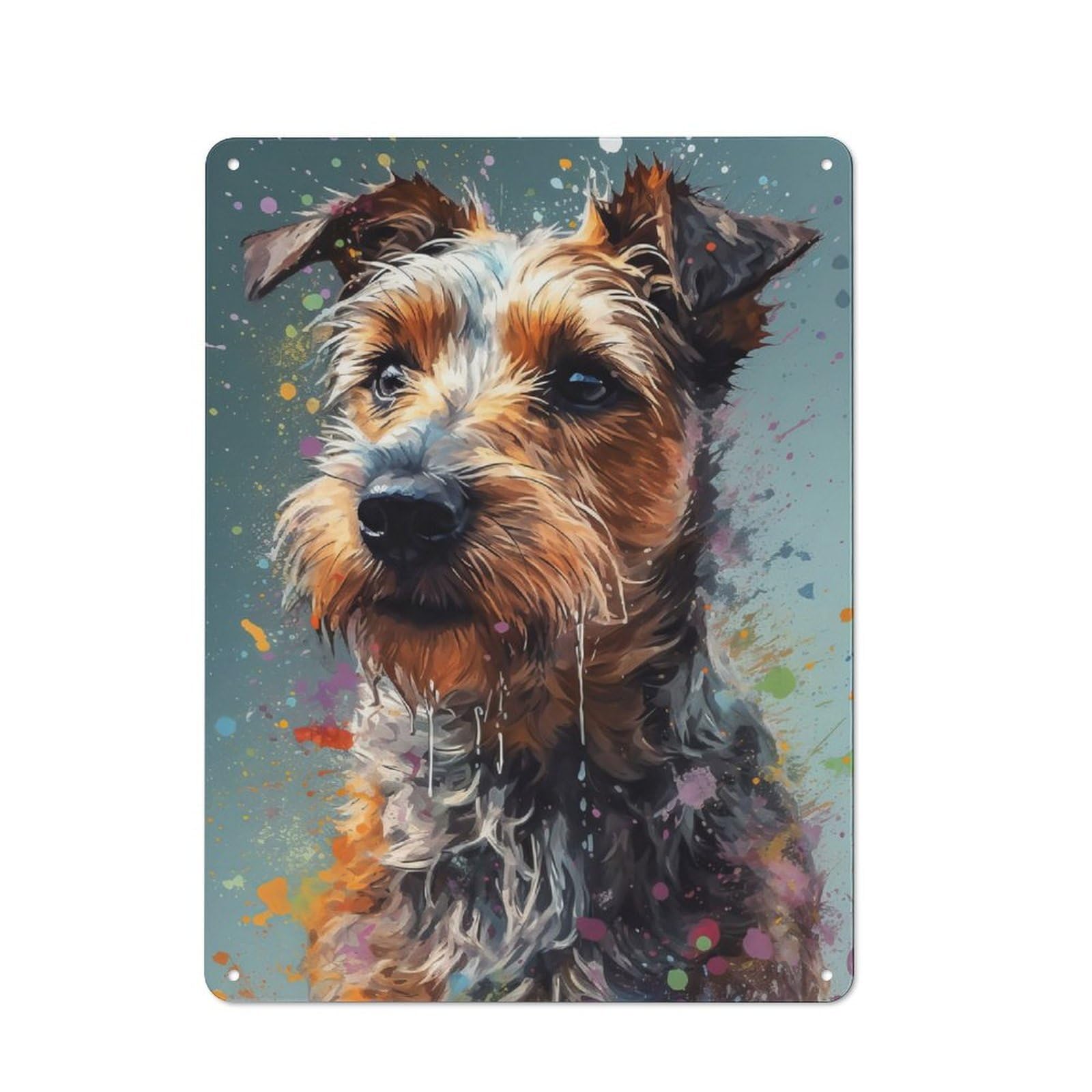 Decorative Tin Plaque with Terrier Painting Design 40x30cm, Classic Novelty Wall Art for Flat, Dorm Room, Lounge Or Cafe