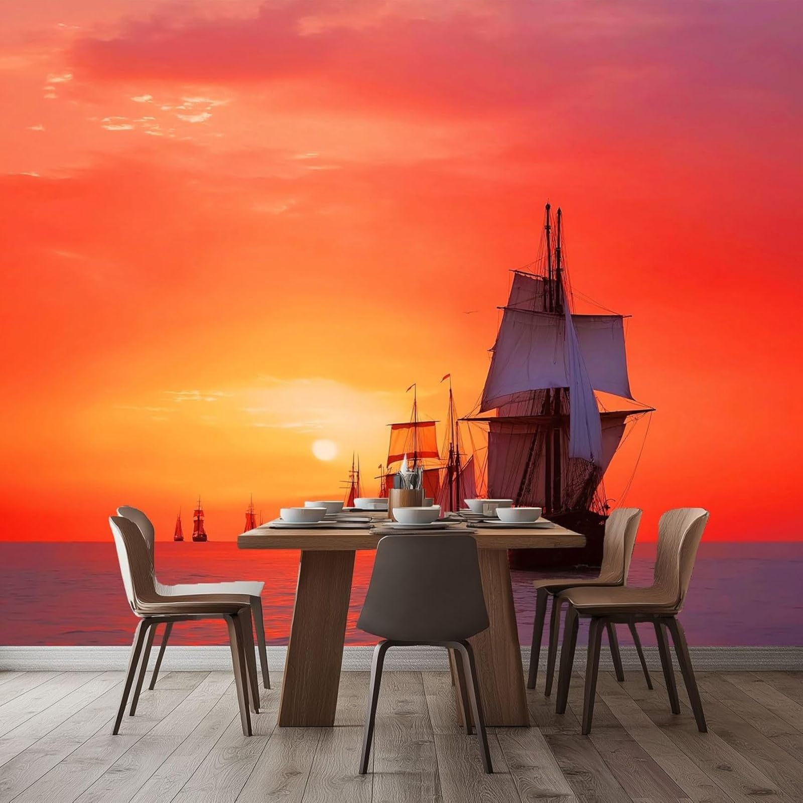 Non-woven photo wallpaper, nautical theme, ocean, sun, ship, orange color, for living room, bedroom, 3D effect wall sticker - modern wall decoration, 400cm x 280cm stickers - frameless painting - post