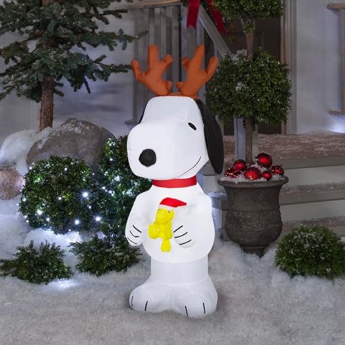 Miniatura 2 de Gemmy Airblown Snoopy de 4 pies con cuernos y Woodstock con decoración de patio con sombrero de Papá Noel 882089