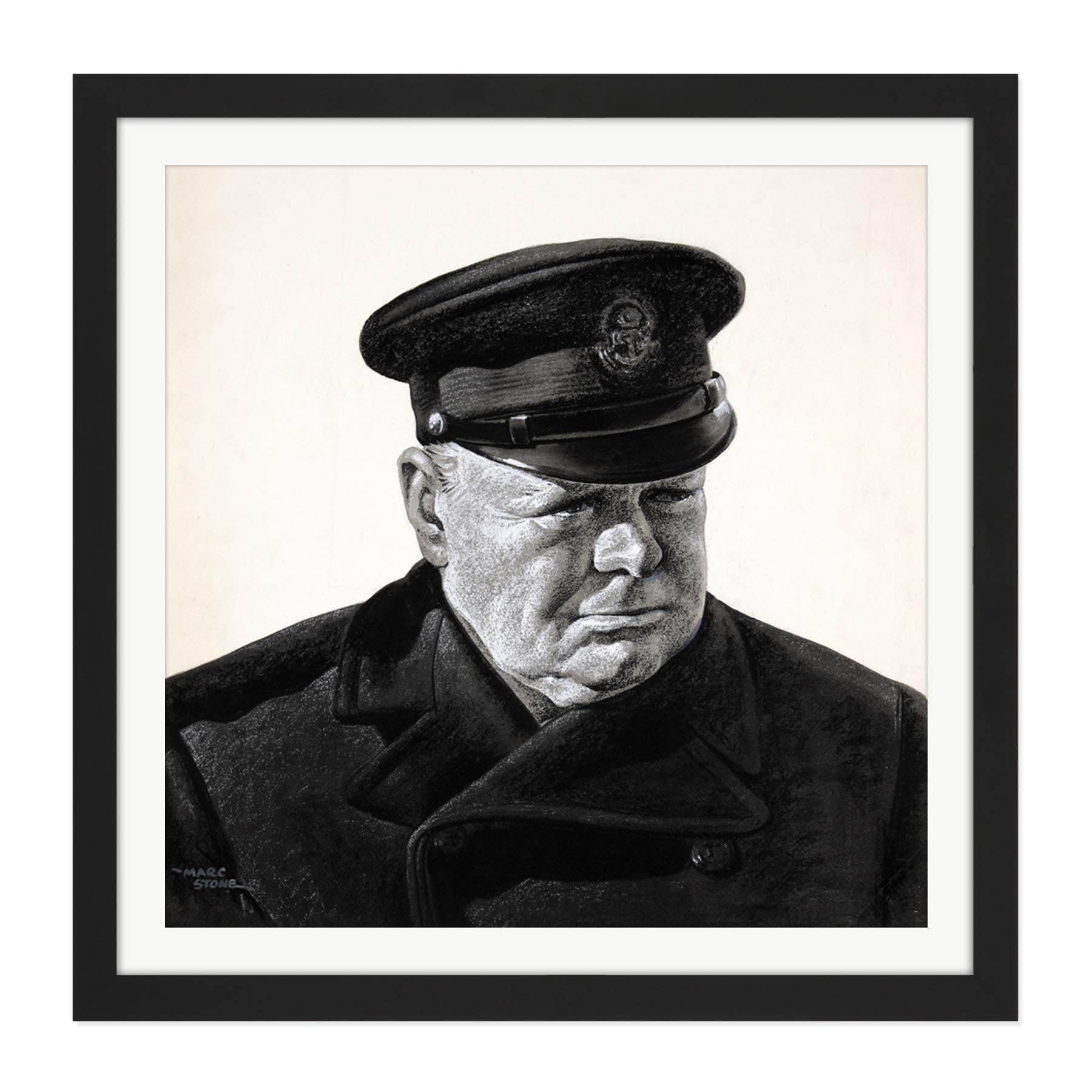 Stone Portrait UK Prime Minister Winston Churchill Painting Square Wooden Framed Wall Art Print Picture 16X16 Inch
