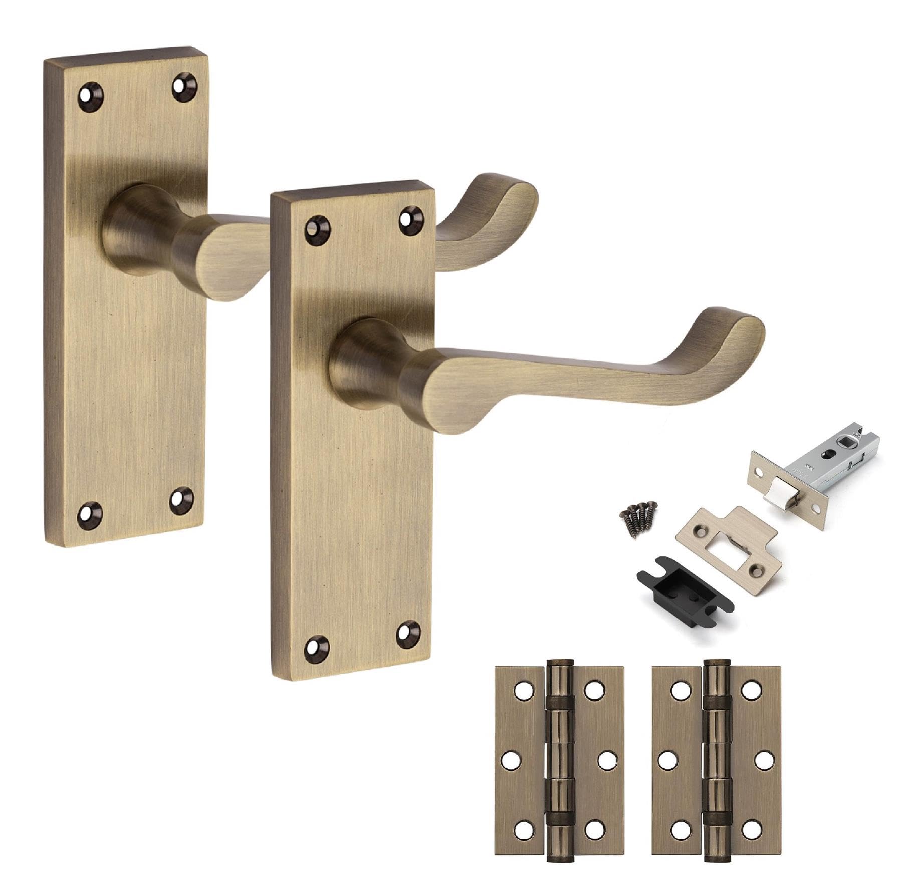 Golden Grace Antique Brass 1 Pair Victorian Scroll Latch Door Handle 120 X 40Mm With 2.5" Latch & Hinges