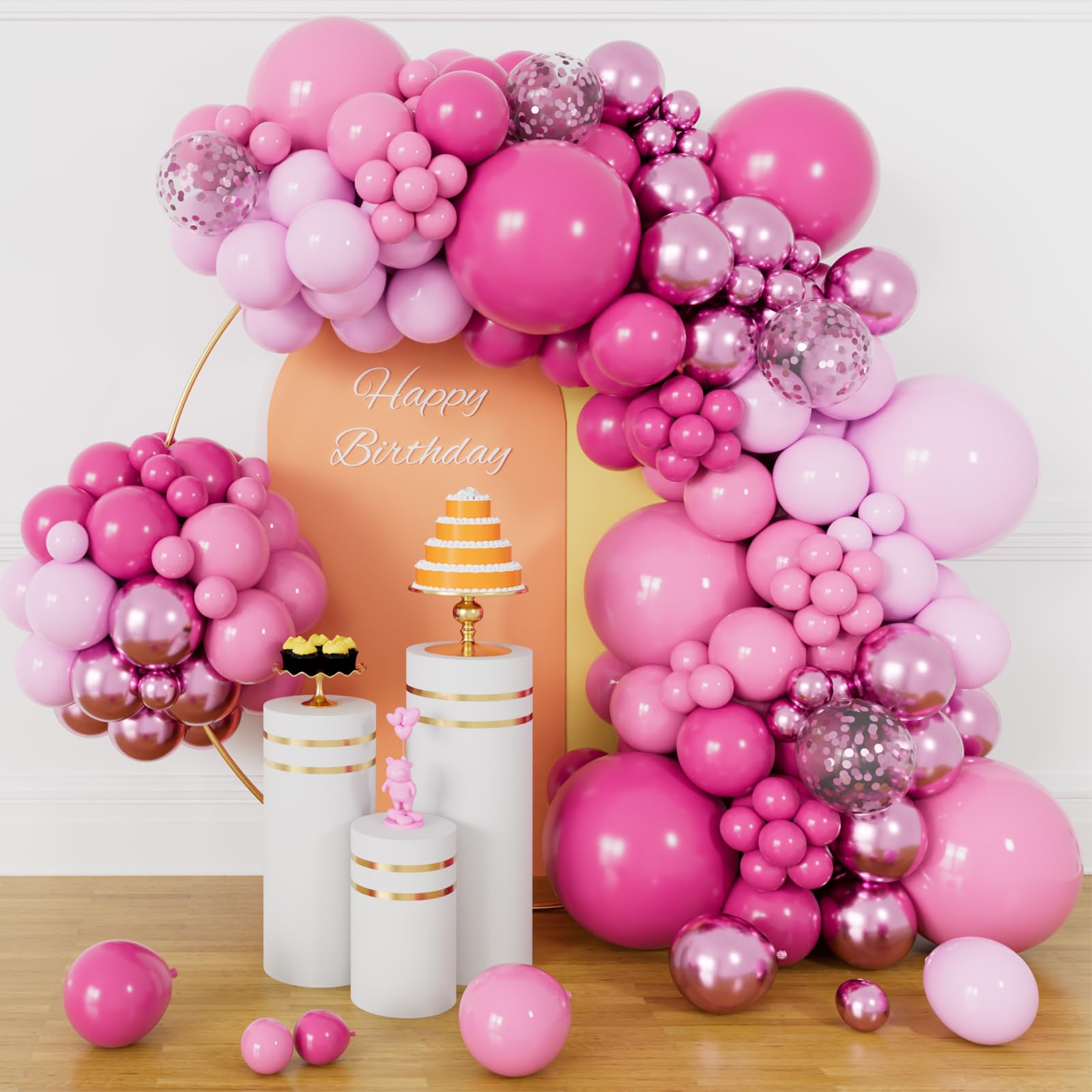 Photo 1 of 153pcs Pink Balloon Arch Garland Kit, Hot Pink Latex Balloons Metallic Confetti Ballon Different Size 18 12 10 5 inch for Girls Birthday Wedding Princess Baby Shower Party Decorations.