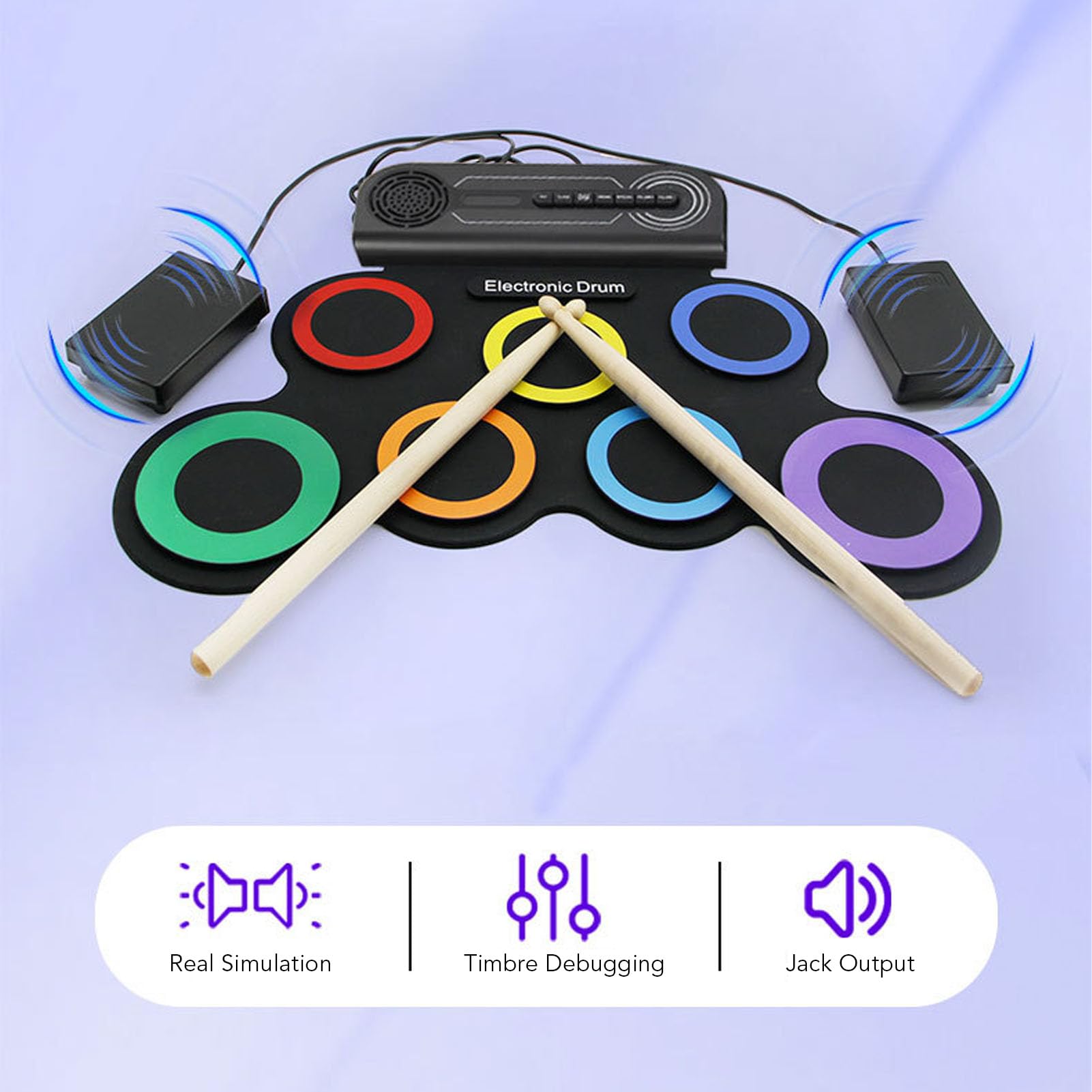 Jeffergarden Handrollendes Elektronisches Schlagzeug-Set für Kinder, Color Circle, 7 Pads mit Integriertem Lautsprecher, Tragbares Wiederaufladbares Schlagzeug-Set