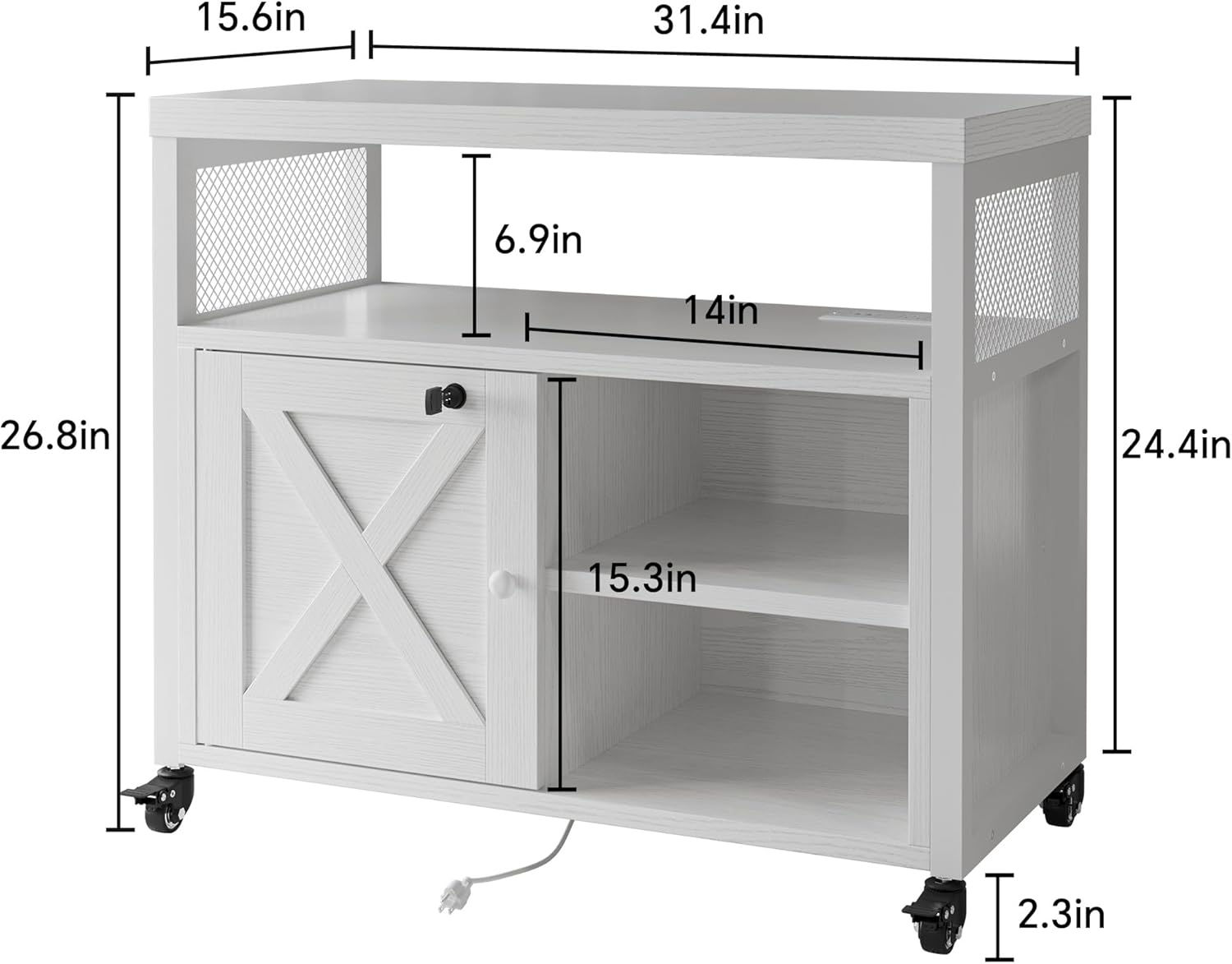 FUSUNBAO Farmhouse Printer Stand with Storage, Rolling Printer Cabinet with Shelves, Charge Station, Wheels, and File Cabinet for Home Office Storage (White)